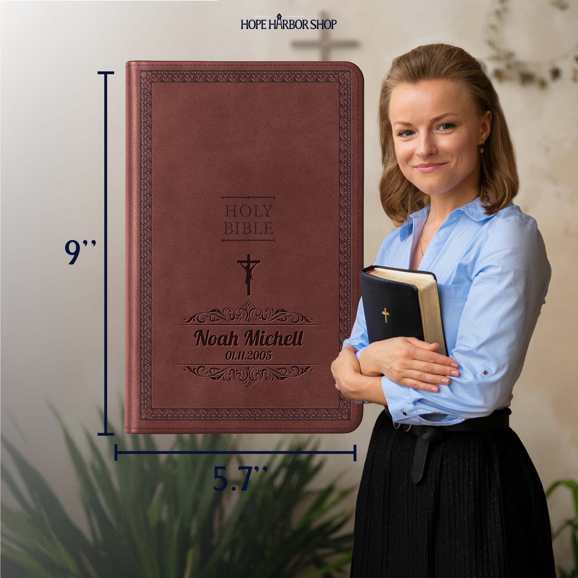 Personalized NIV Bible Brown Value Thinline - Engraved Cross Icon Floral Frame