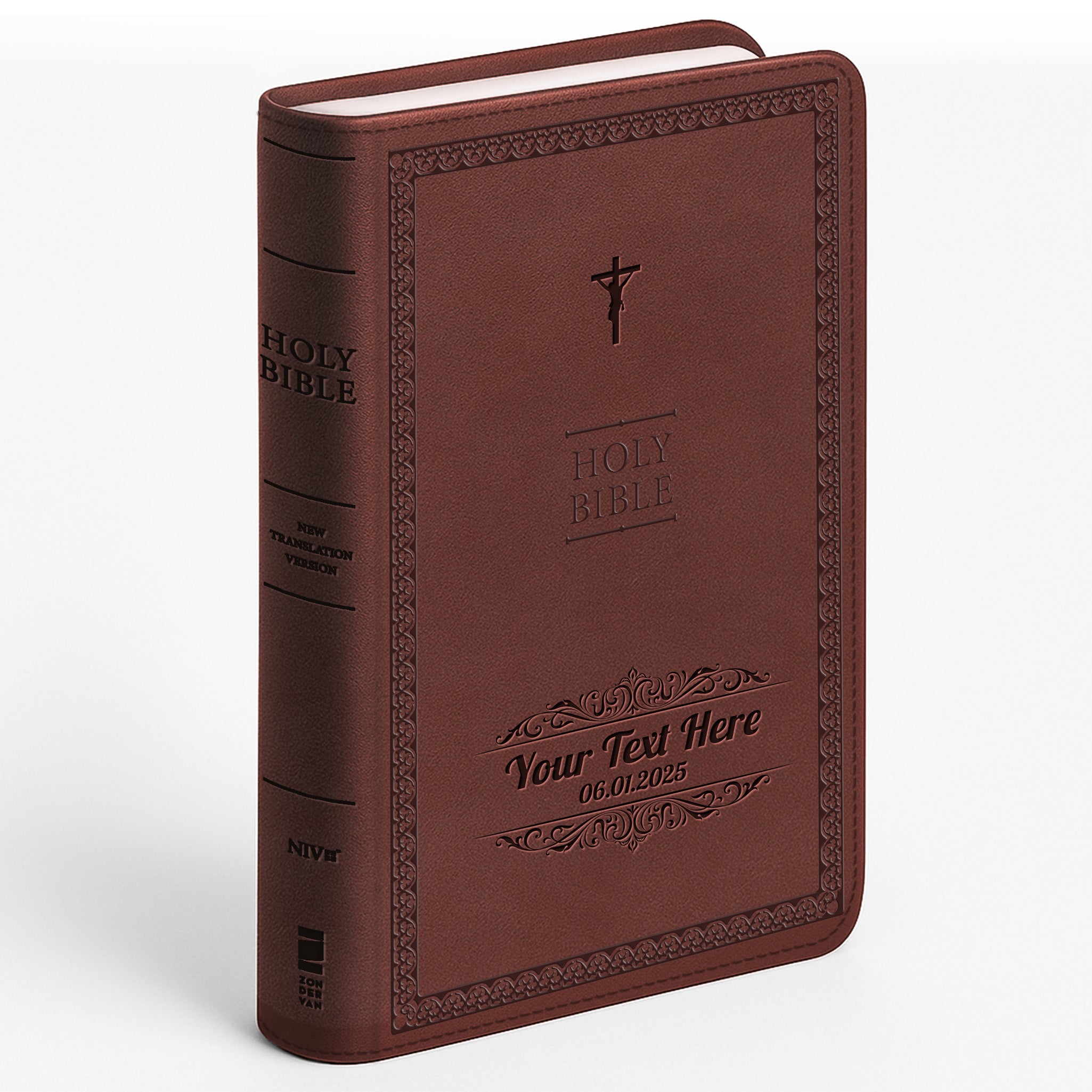 Personalized NIV Bible Brown Thinline - Engraved Cross Icon Floral Frame