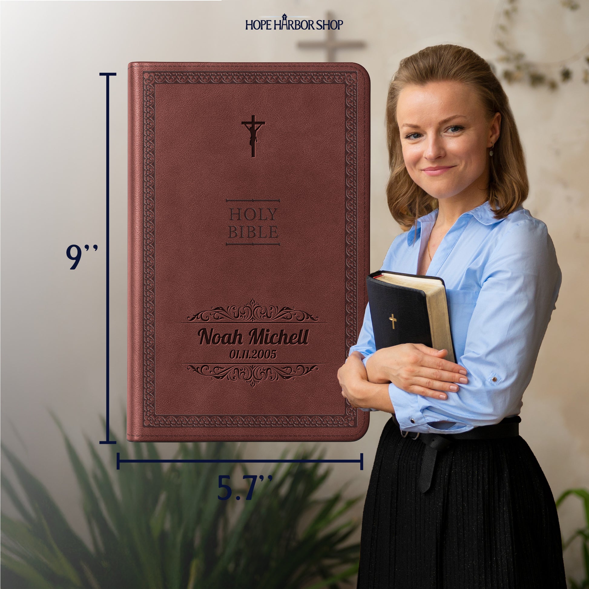 Personalized NIV Bible Brown Thinline - Engraved Cross Icon Floral Frame