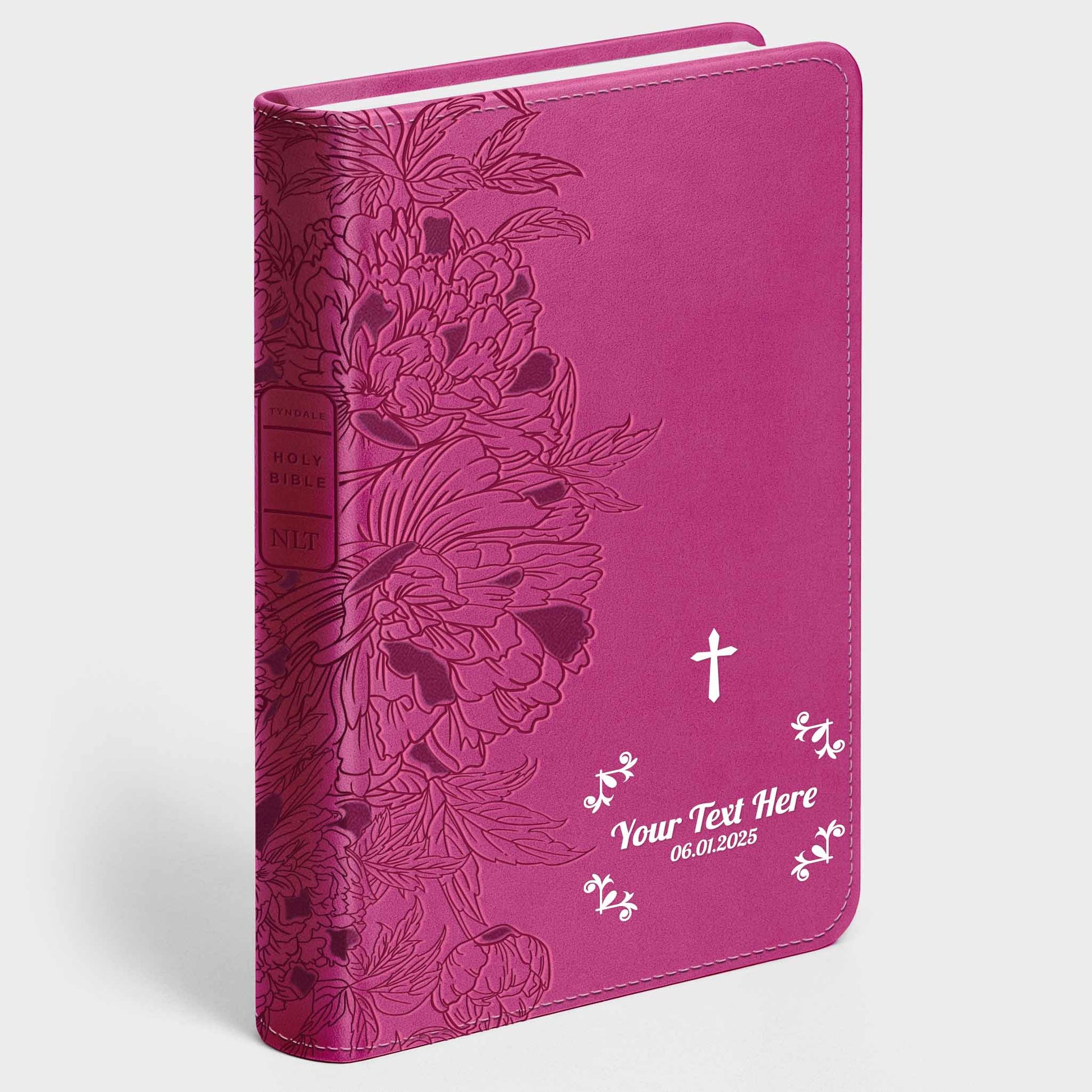 Personalized NLT Giant Print Bible - Peony Pink INDEXED - Cross Frame