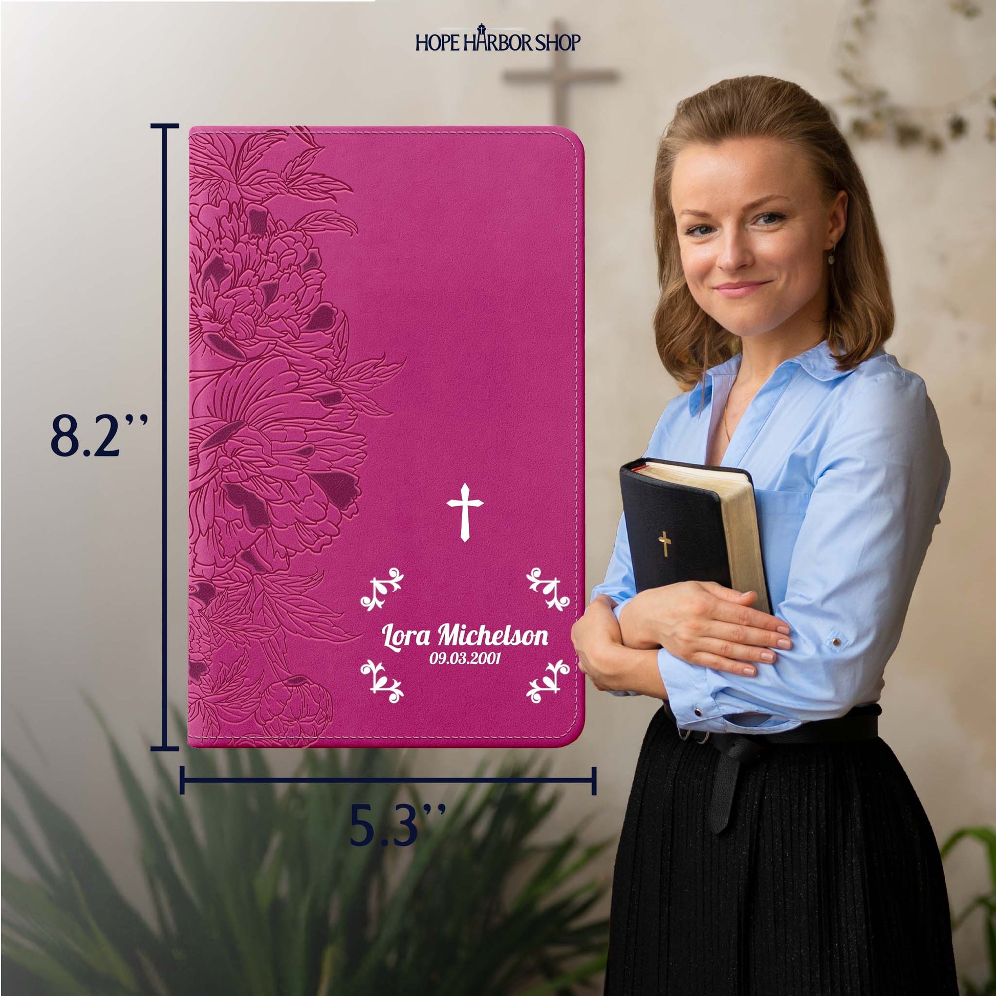 Personalized NLT Giant Print Bible - Peony Pink INDEXED - Cross Frame