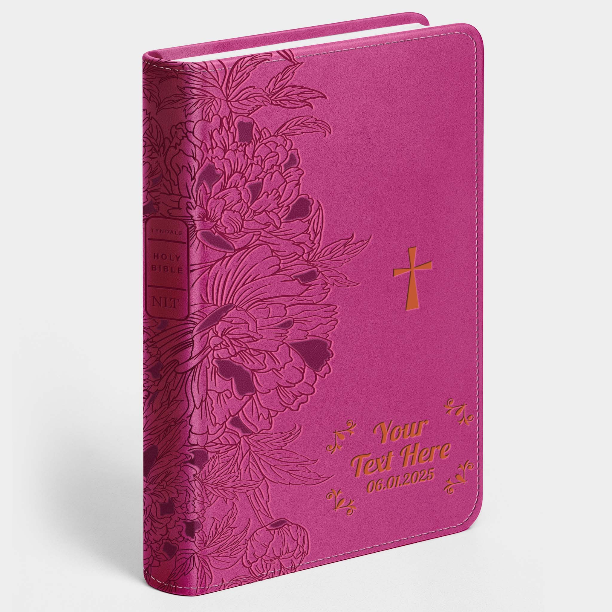 Personalized NLT Giant Print Bible - Peony Pink INDEXED - Engraved Cross Frame