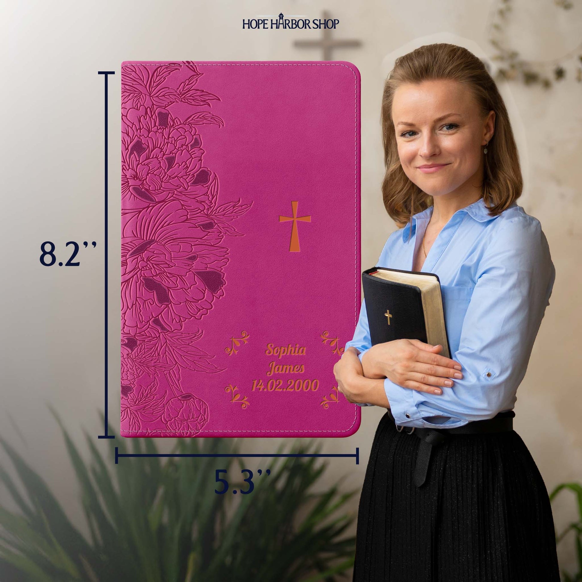 Personalized NLT Giant Print Bible - Peony Pink INDEXED - Engraved Cross Frame
