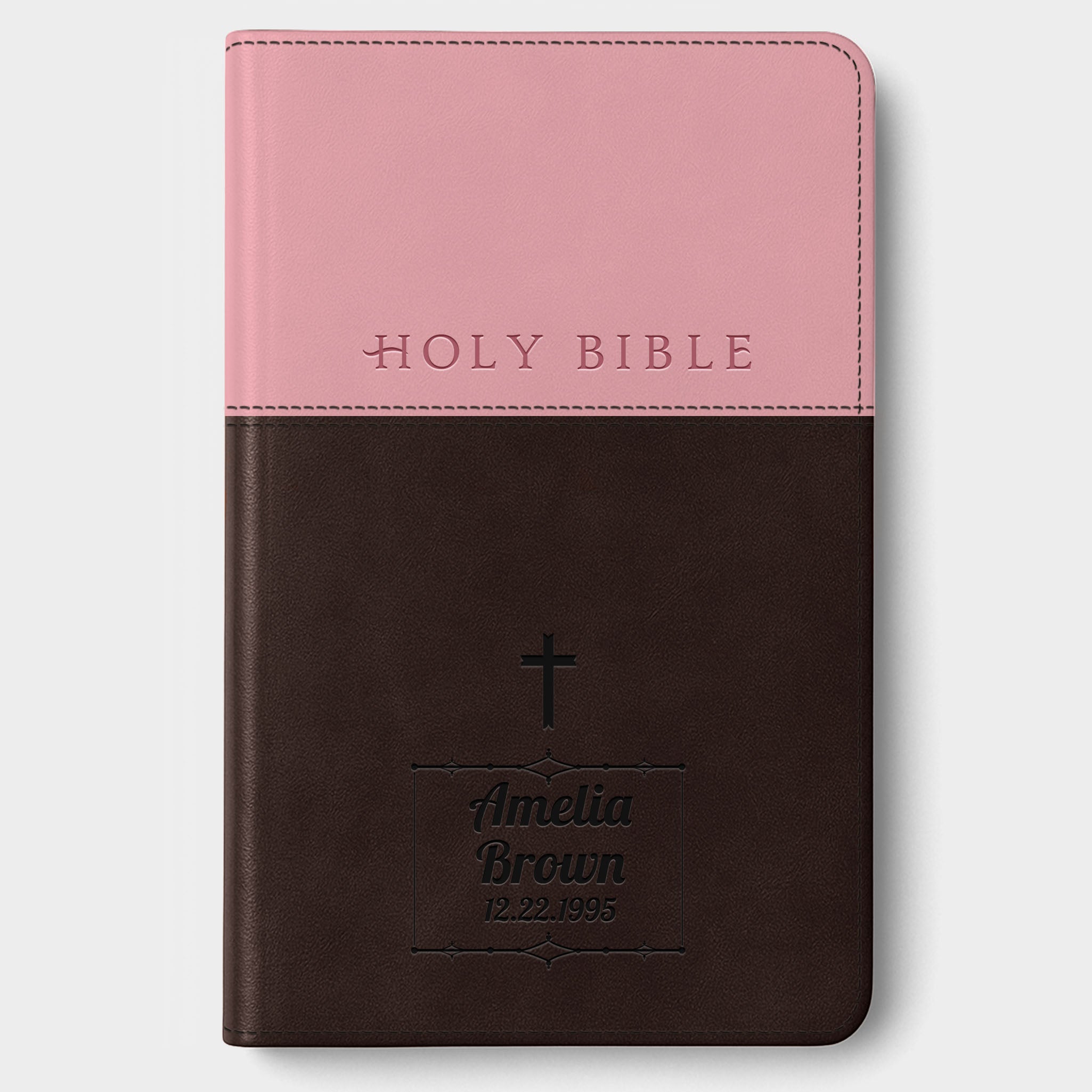 Personalized NLT Bible Dark Brown/Pink Tu Tone - Engraved Cross Frame
