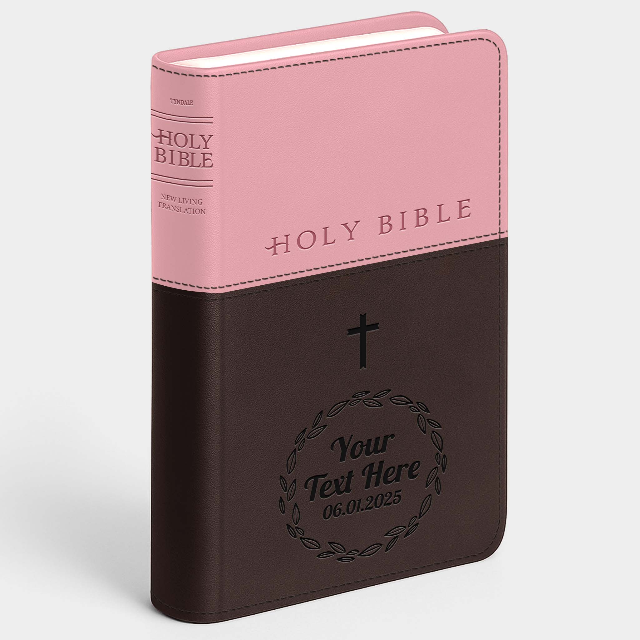 Personalized NLT Bible Dark Brown/Pink Tu Tone - Red Letter, Filament Enabled - Engraved Cross Frame