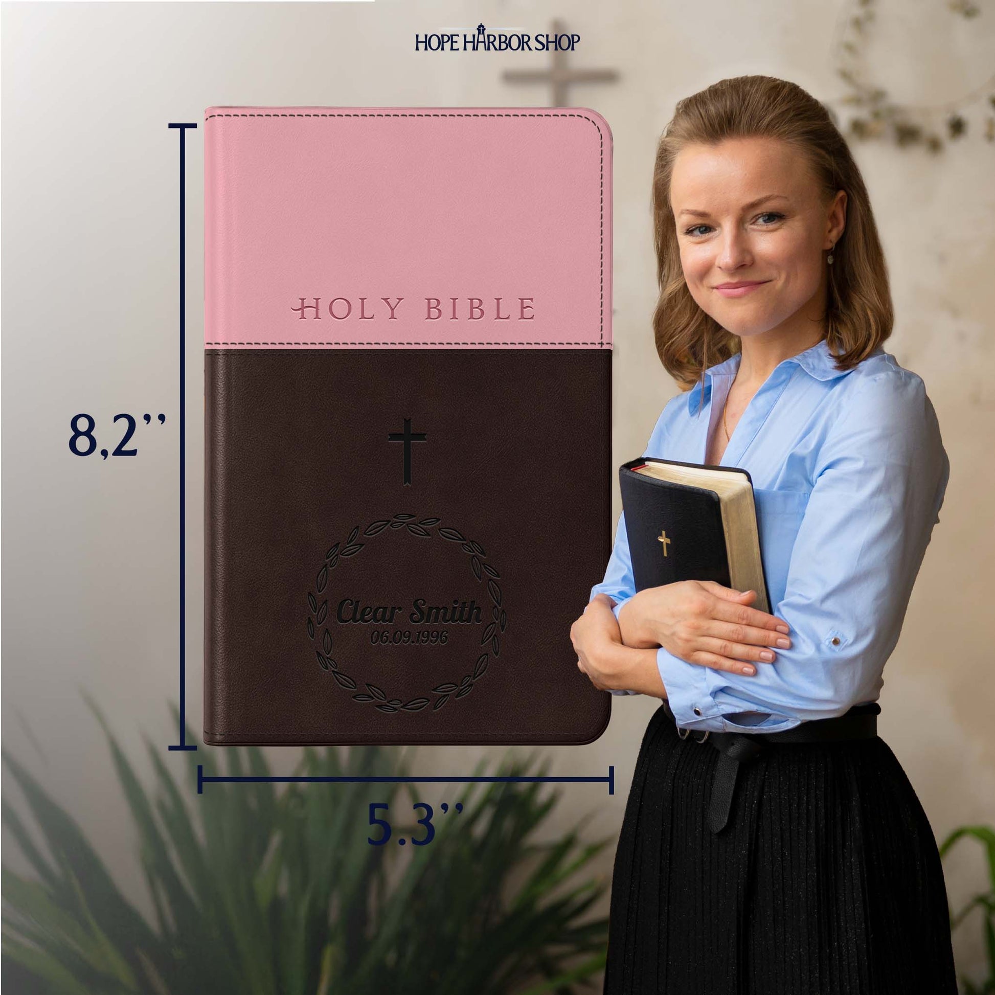 Personalized NLT Bible Dark Brown/Pink Tu Tone - Red Letter, Filament Enabled - Engraved Cross Frame