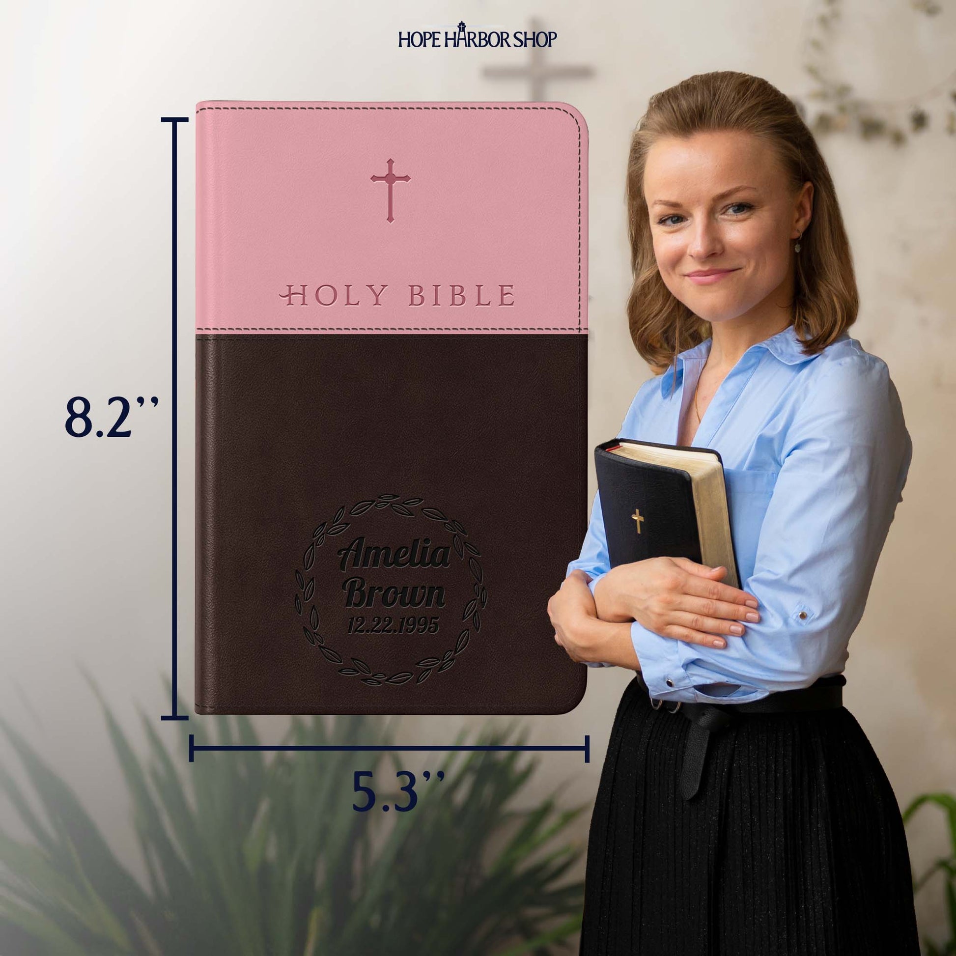 Personalized NLT Bible Dark Brown/Pink Tu Tone - Engraved Cross Frame