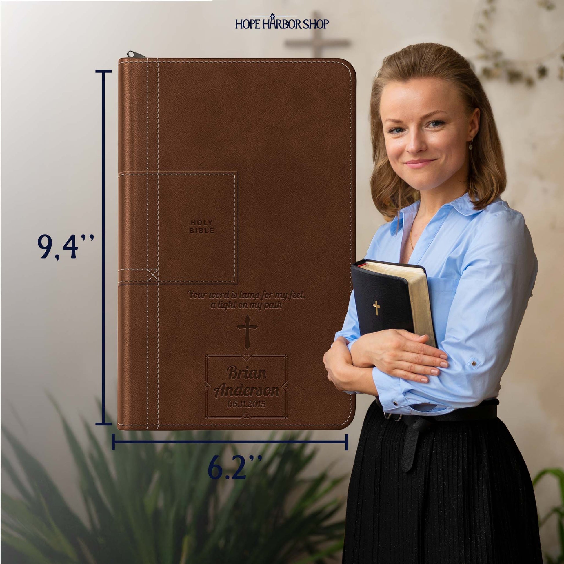 Personalized NLT Bible Atlas Rustic Brown Thinline - Reference Zipper, Filament, Red Letter - Engraved Cross Frame