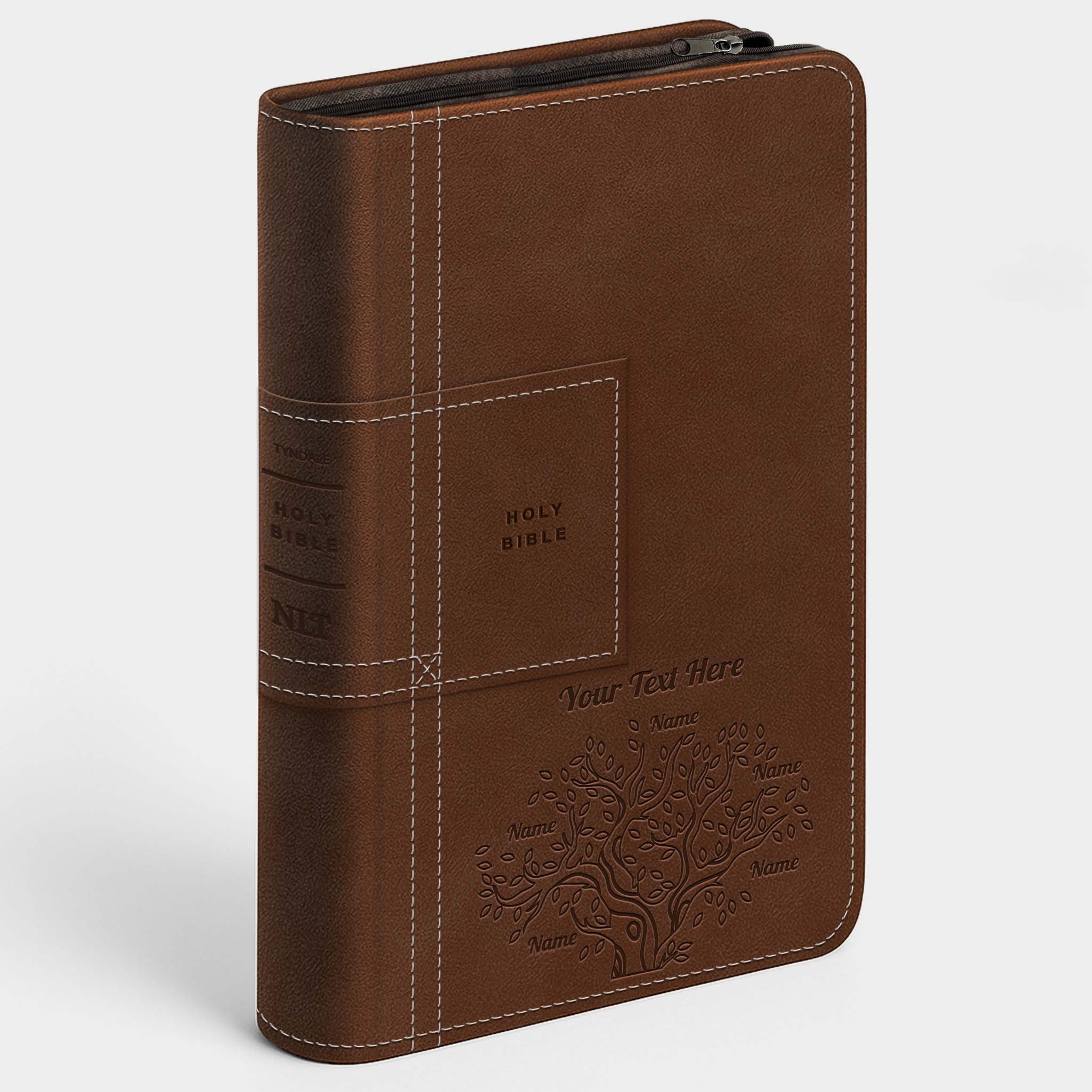 Personalized NLT Bible Atlas Rustic Brown Thinline - Reference Zipper, Filament, Red Letter - Engraved Family Tree