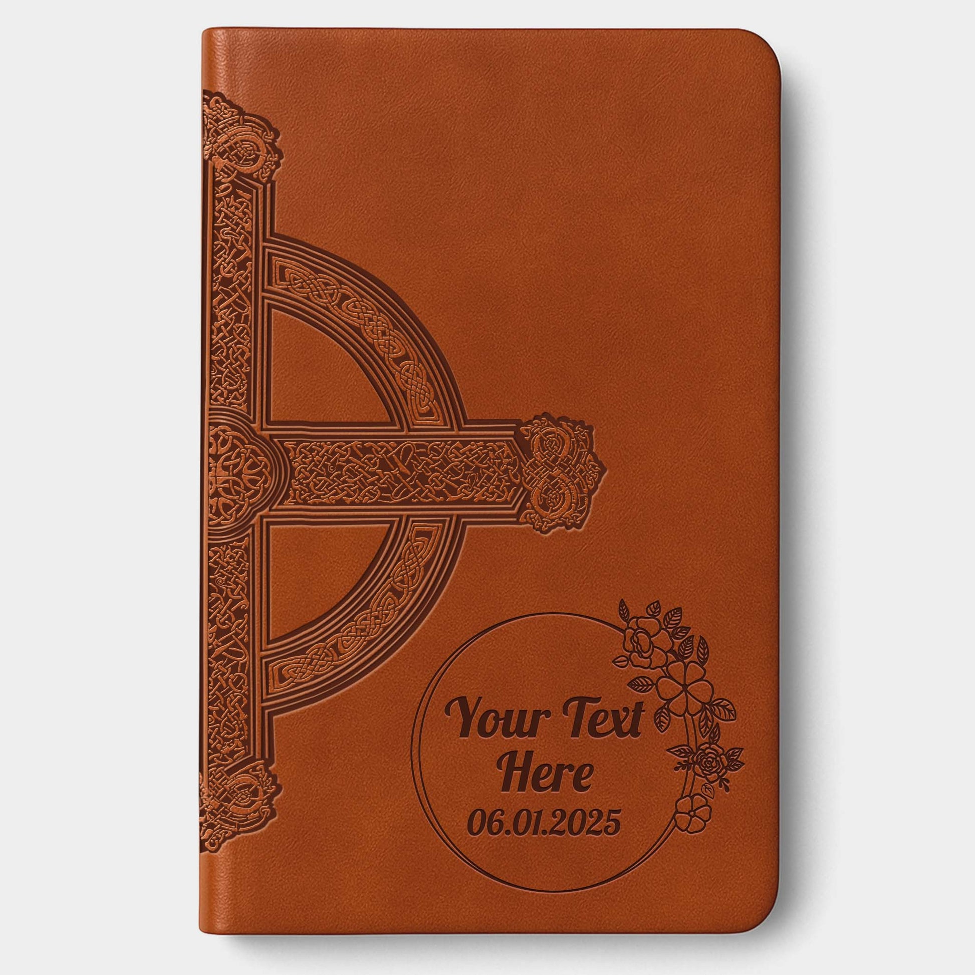 Personalized NLT Large Print Value Thinline Bible - Brown Celtic Cross - Engraved Floral Frame