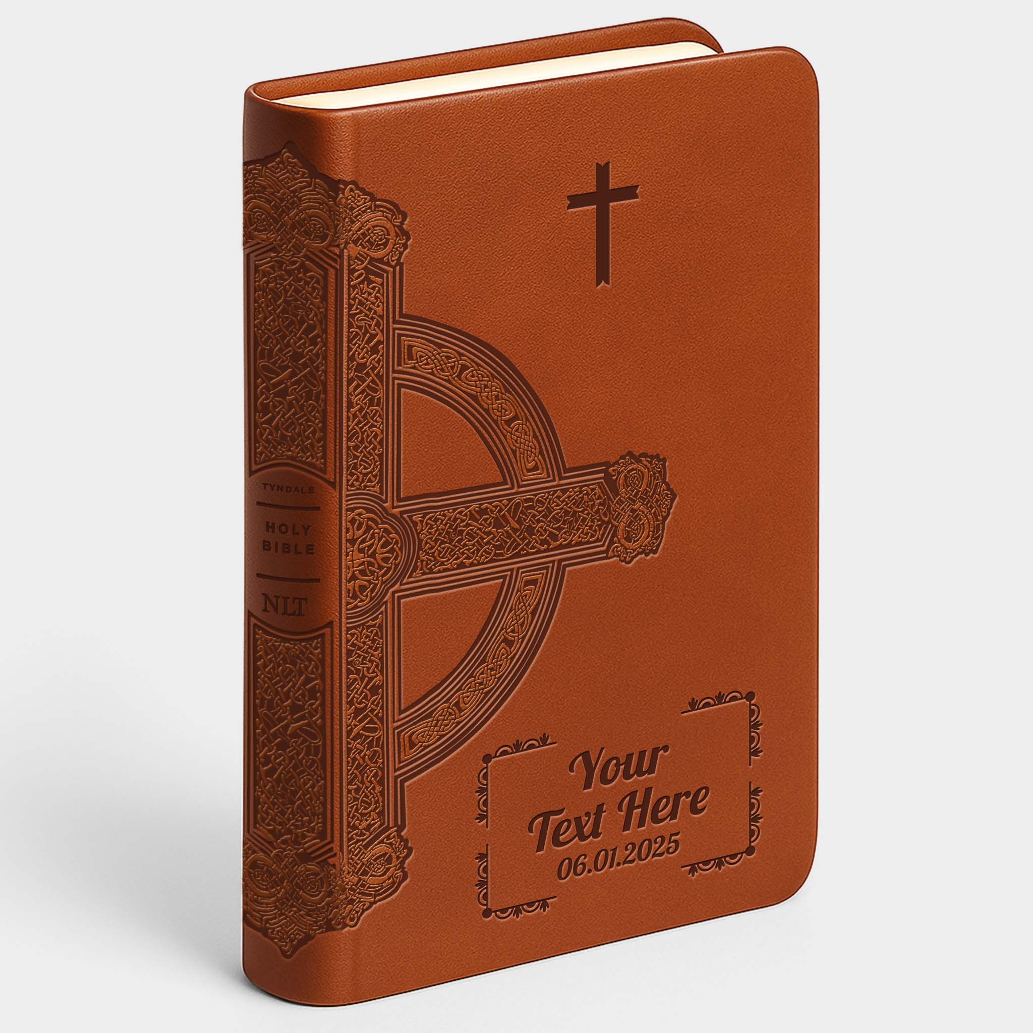 Personalized NLT Large Print Value Thinline Bible - Brown Celtic Cross - Engraved Cross Frame