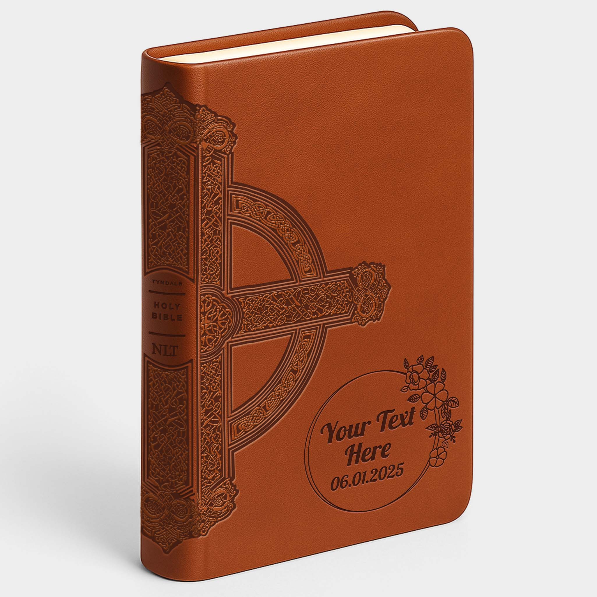 Personalized NLT Large Print Value Thinline Bible - Brown Celtic Cross - Engraved Floral Frame