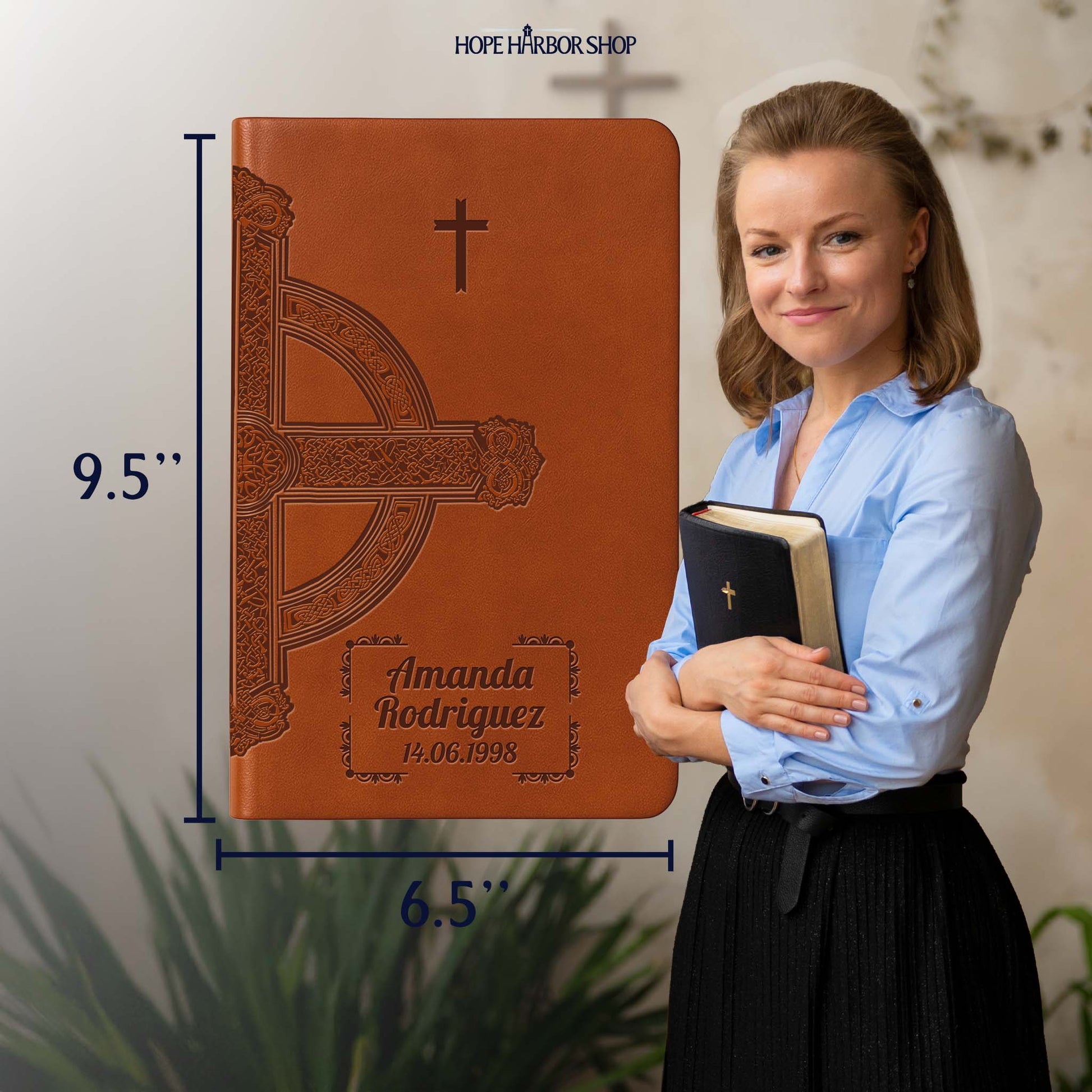 Personalized NLT Large Print Value Thinline Bible - Brown Celtic Cross - Engraved Cross Frame