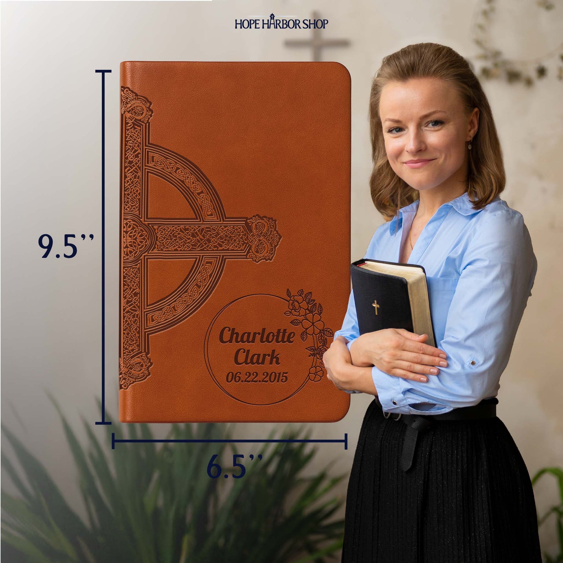 Personalized NLT Large Print Value Thinline Bible - Brown Celtic Cross - Engraved Floral Frame