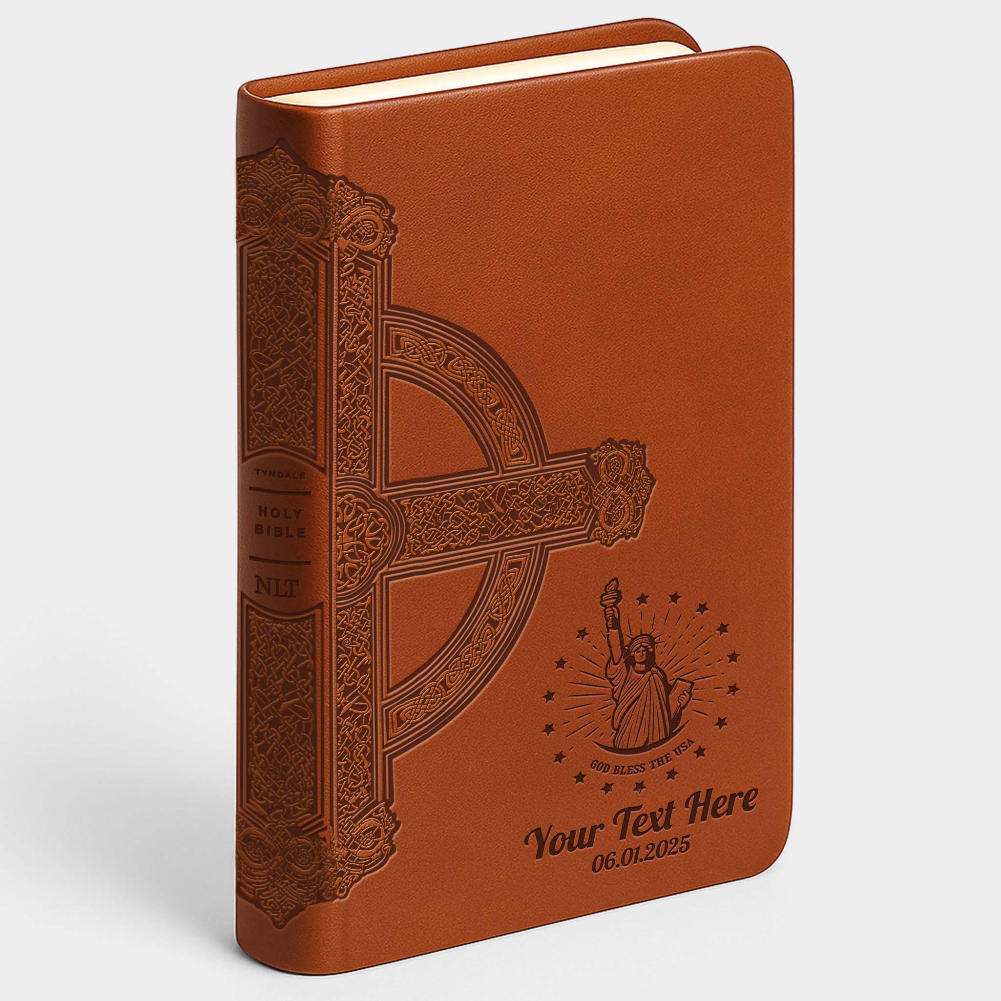 Personalized NLT Large Print Value Thinline Bible - Brown Celtic Cross - Engraved USA Patriotic