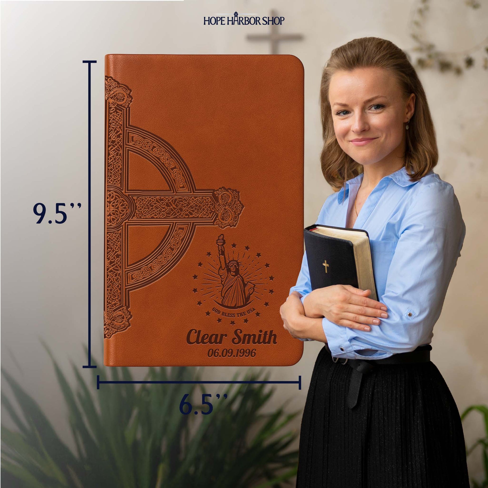 Personalized NLT Large Print Value Thinline Bible - Brown Celtic Cross - Engraved USA Patriotic
