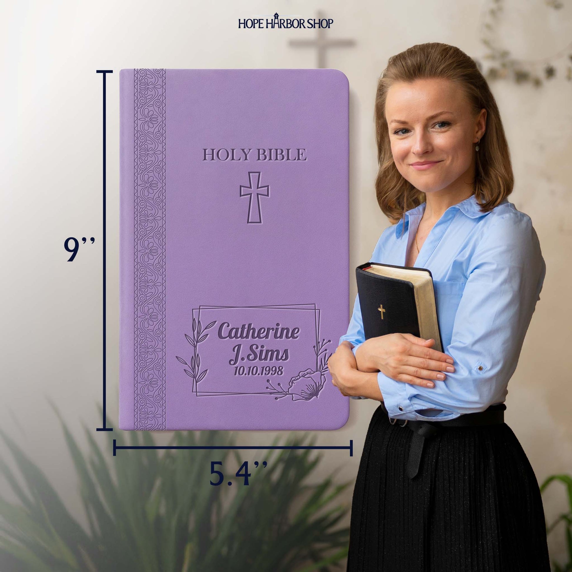 Personalized KJV Lavender Thinline Bible - Engraved Cross Floral Frame