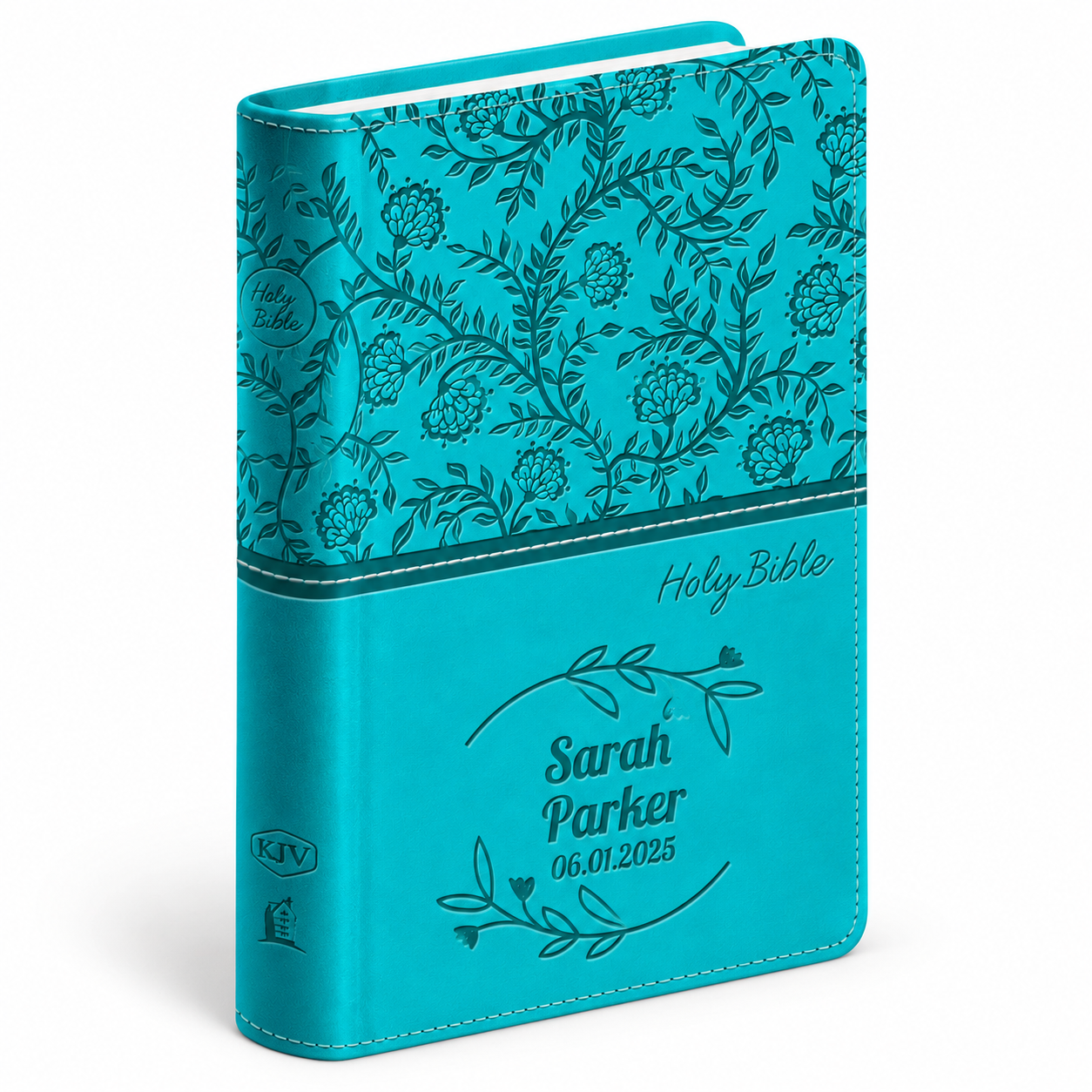 Personalized KJV Bible Turquoise - Red Letter - Engraved Floral Frame