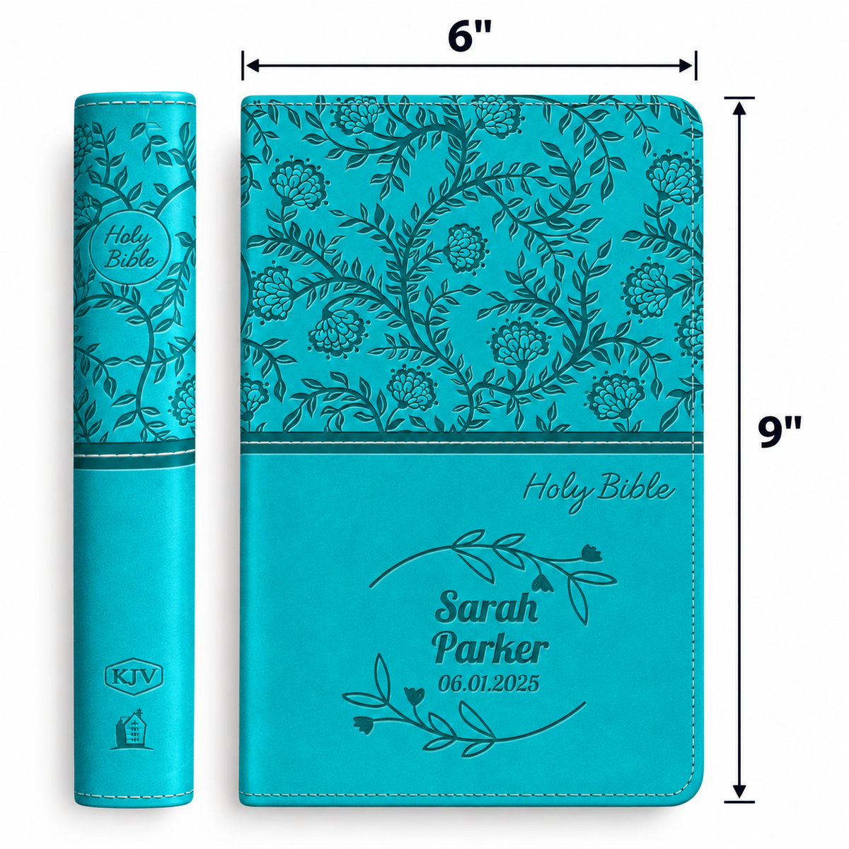 Personalized KJV Bible Turquoise - Red Letter - Engraved Floral Frame