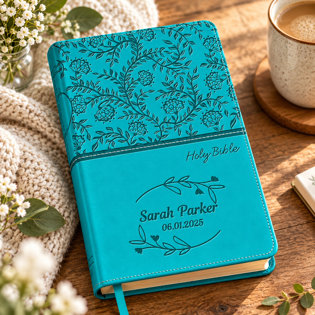 Personalized KJV Bible Turquoise - Red Letter - Engraved Floral Frame
