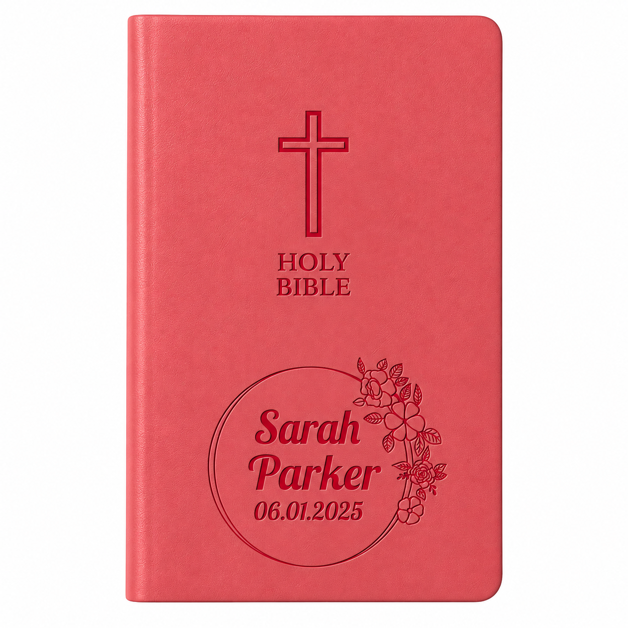 Personalized KJV Pink Value Thinline Bible - Red Letter - Engraved Cross Floral Frame