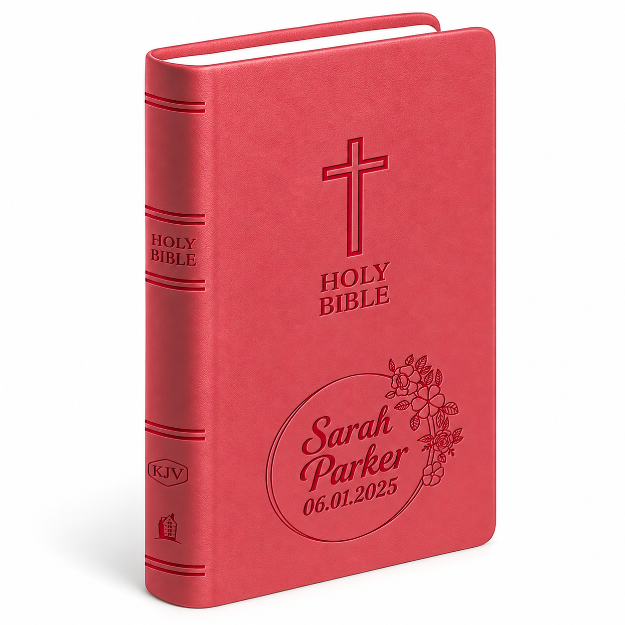Personalized KJV Pink Value Thinline Bible - Red Letter - Engraved Cross Floral Frame