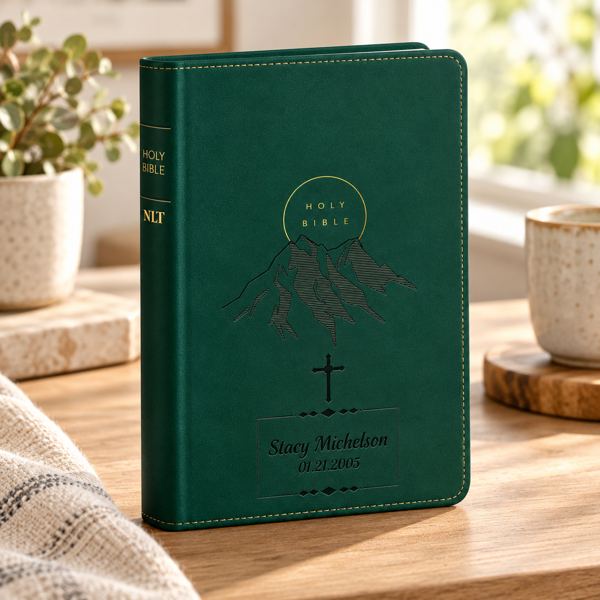 Personalized NLT Giant Print Evergreen Mountain Bible - Red Letter, Filament Enabled - Engraved Cross Frame