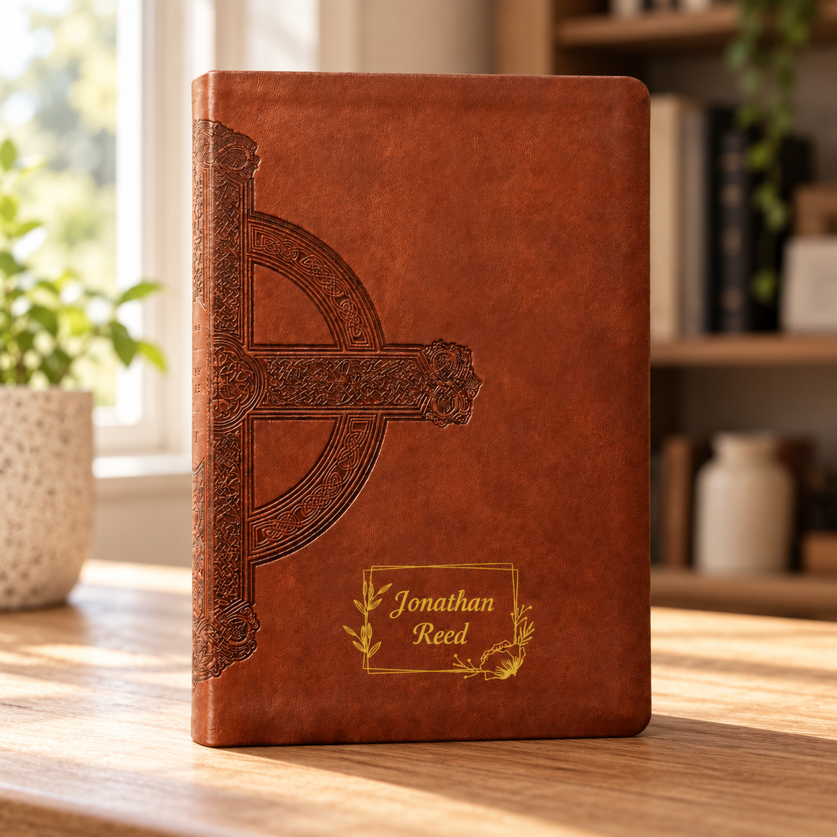 Personalized NLT Large Print Value Thinline Bible, Filament Enabled - Brown Celtic Cross - Floral Frame
