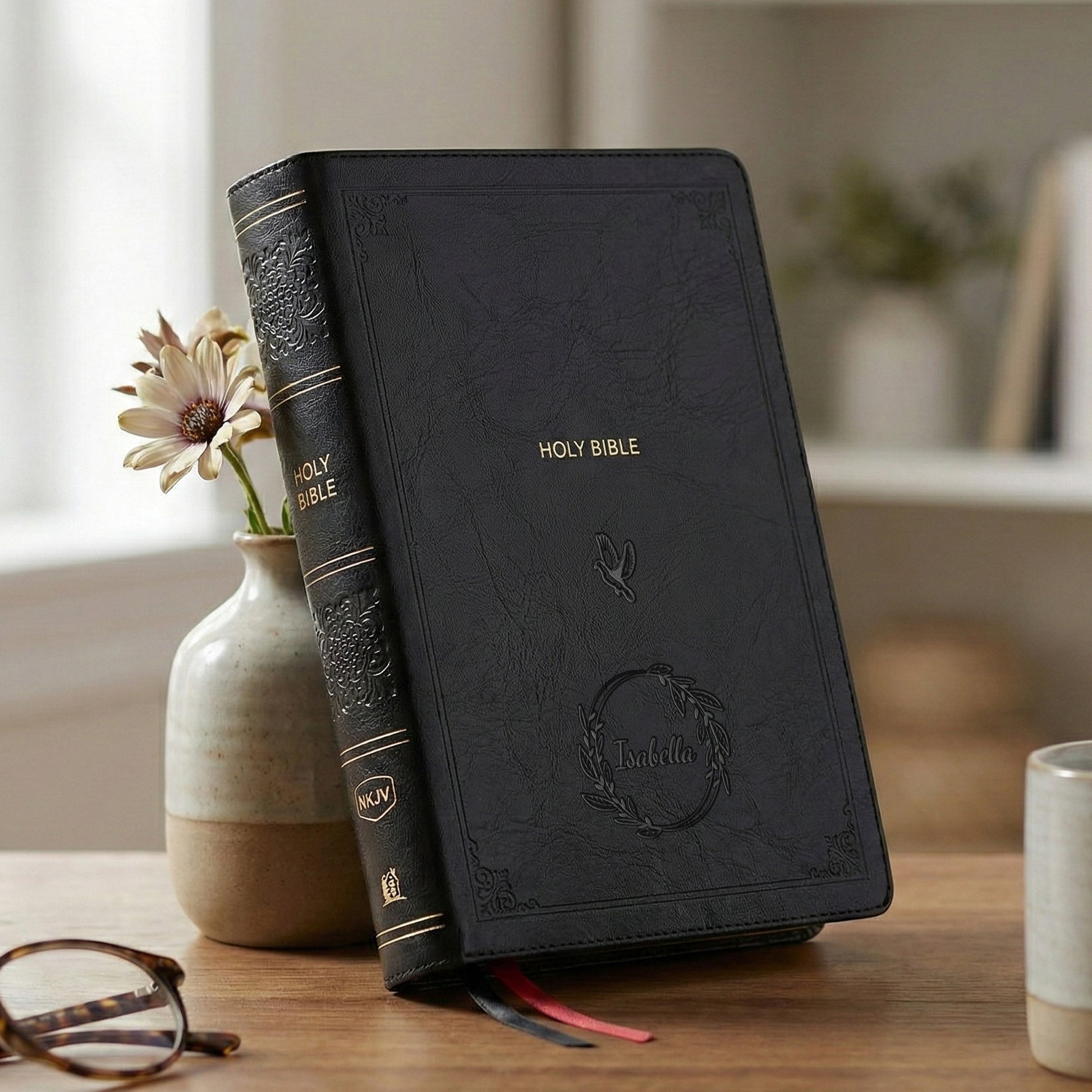 Personalized NKJV Large Print Black Reference Bible - Red Letter - Engraved Cross Frame
