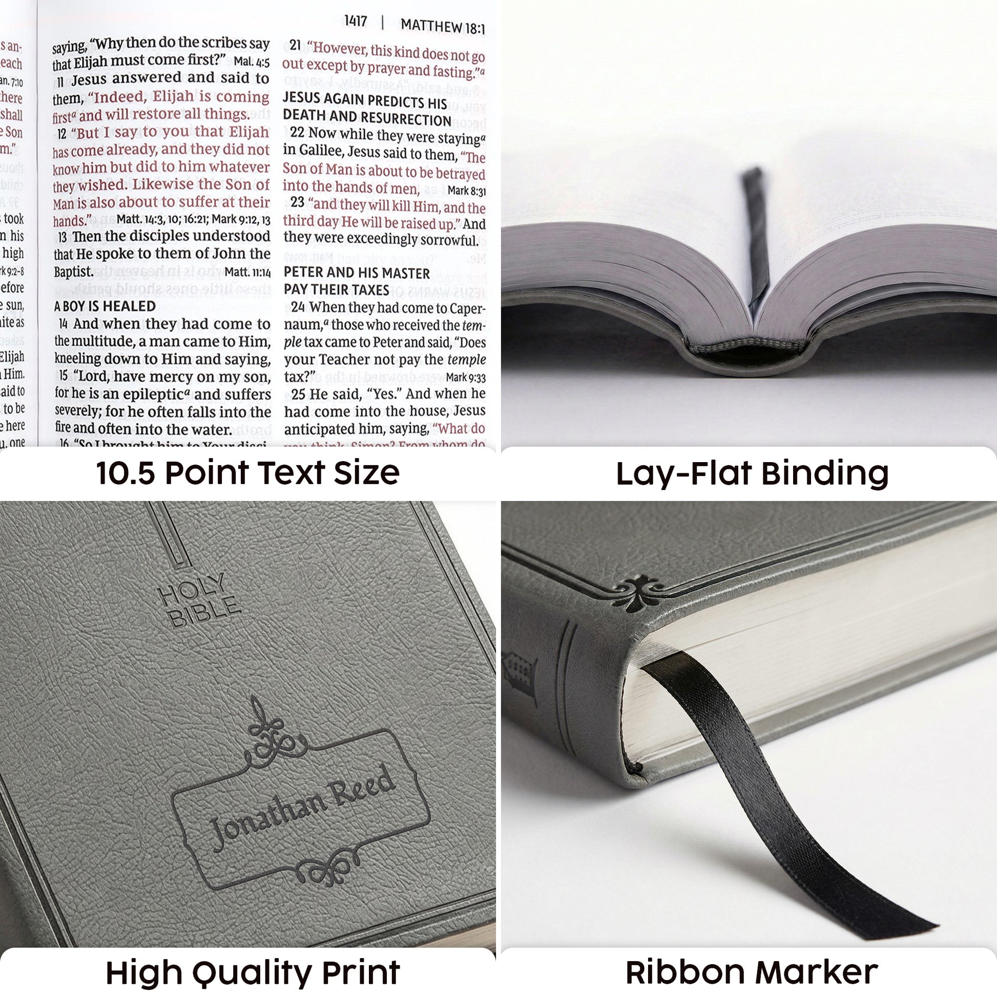 Personalized NKJV Large Print Charcoal Value Thinline Bible - Red Letter - Engraved Floral Frame