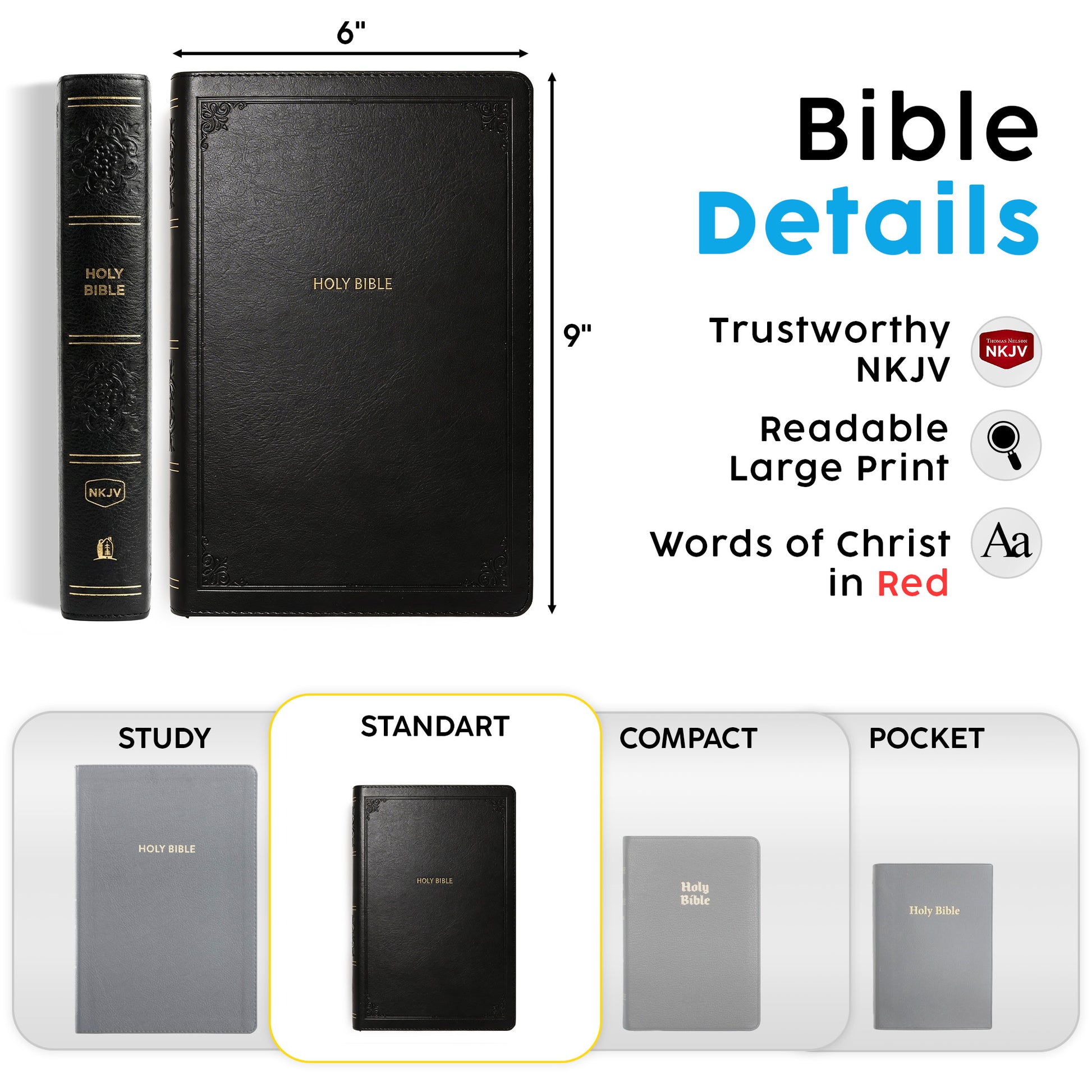 Personalized NKJV Large Print Black Reference Bible - Red Letter - Engraved Cross Frame