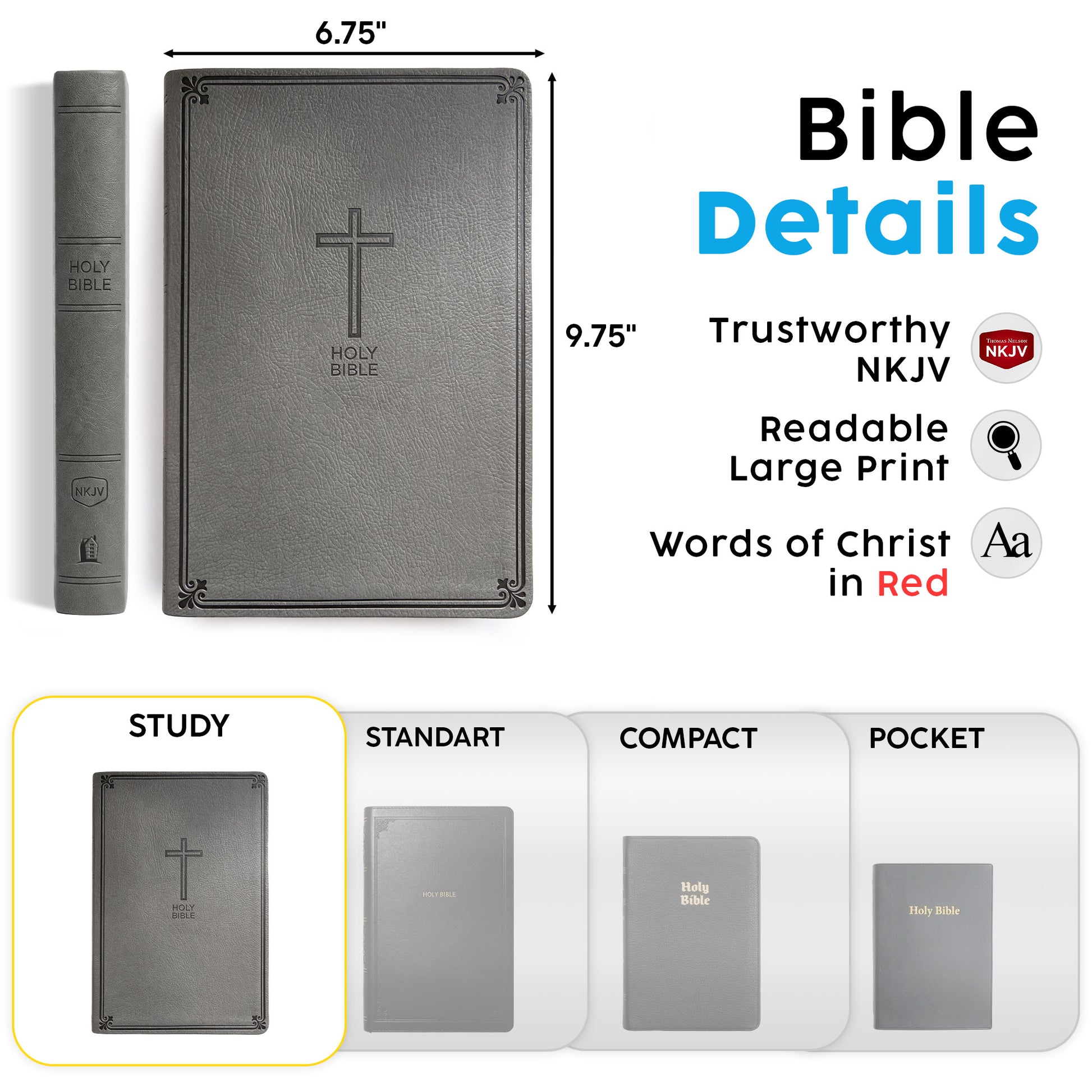 Personalized NKJV Large Print Charcoal Value Thinline Bible - Red Letter - Engraved Floral Frame