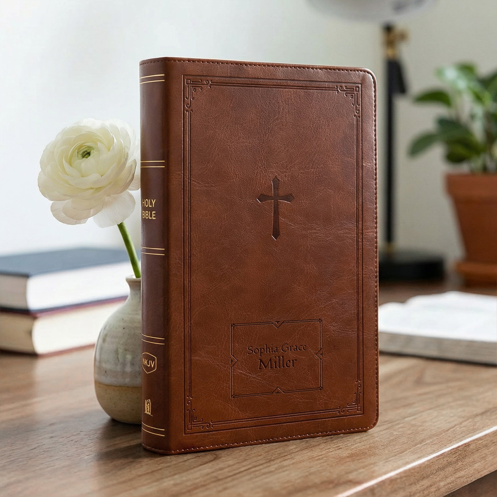 Personalized NKJV Large Print Brown Reference Bible - Red Letter - Engraved Floral Frame