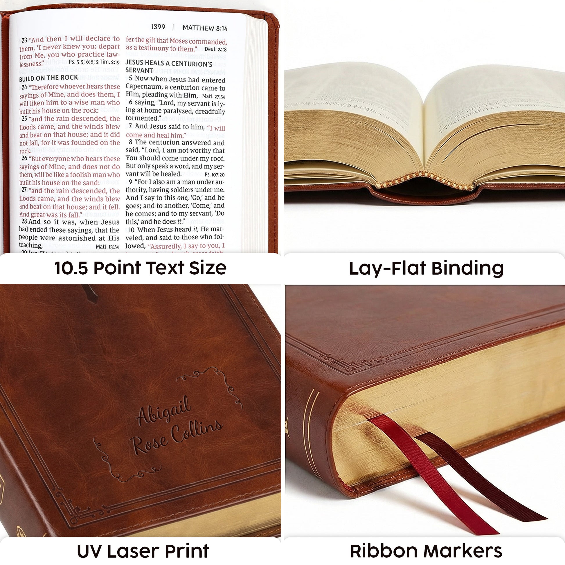 Personalized NKJV Large Print Brown Reference Bible - Red Letter - Engraved Floral Frame
