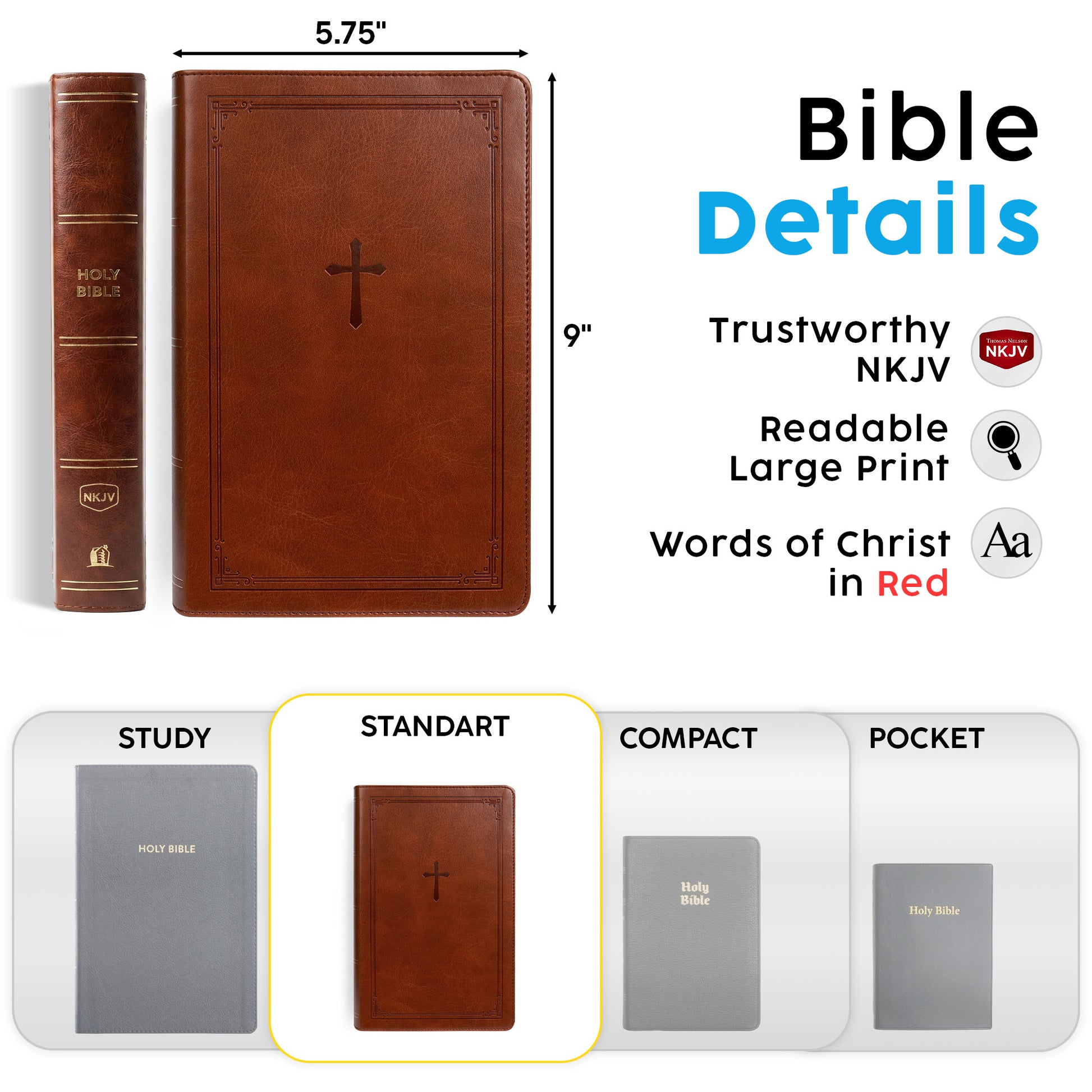 Personalized NKJV Large Print Brown Reference Bible - Red Letter - Engraved Floral Frame