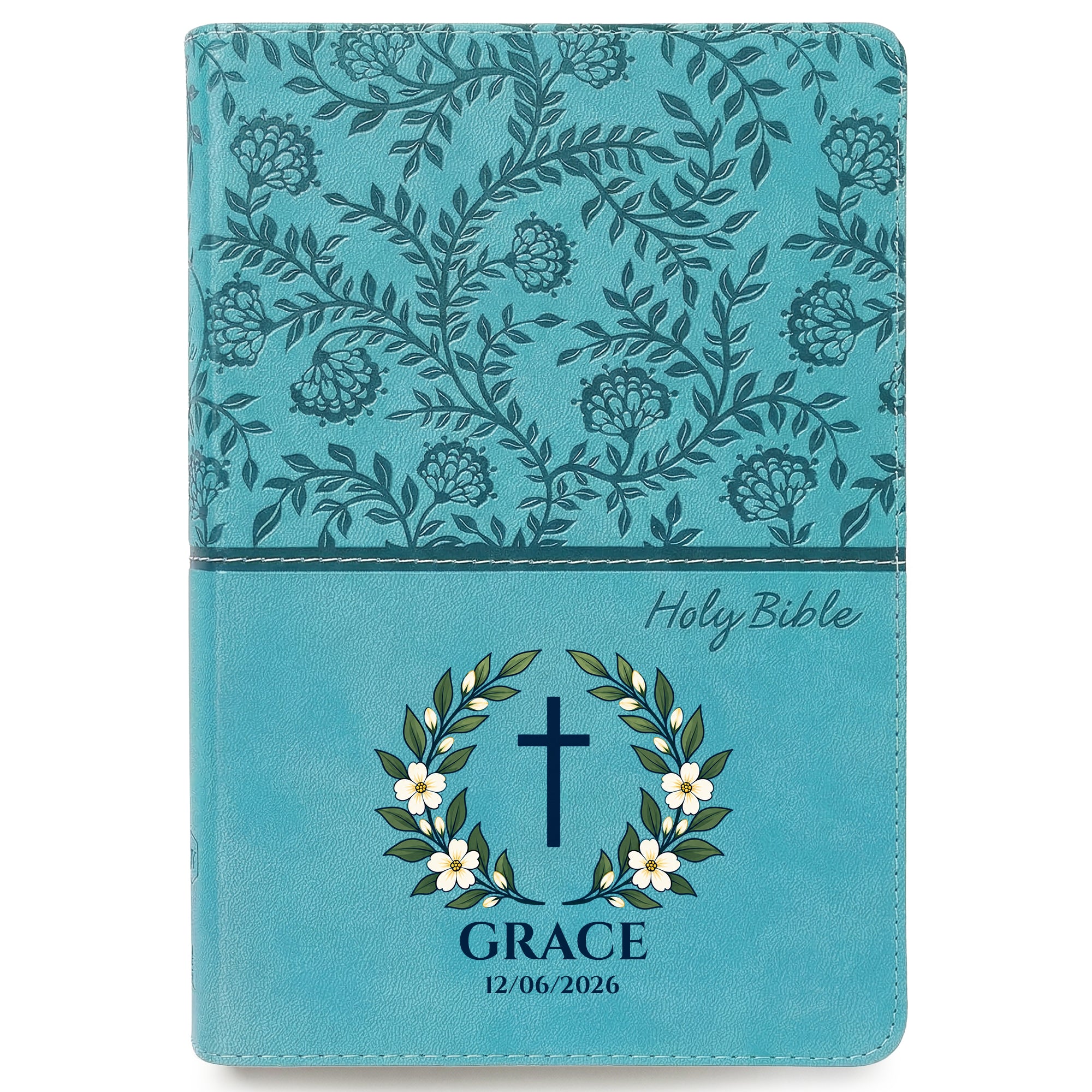 Personalized KJV Bible Turquoise - Red Letter - Floral Wreath Design