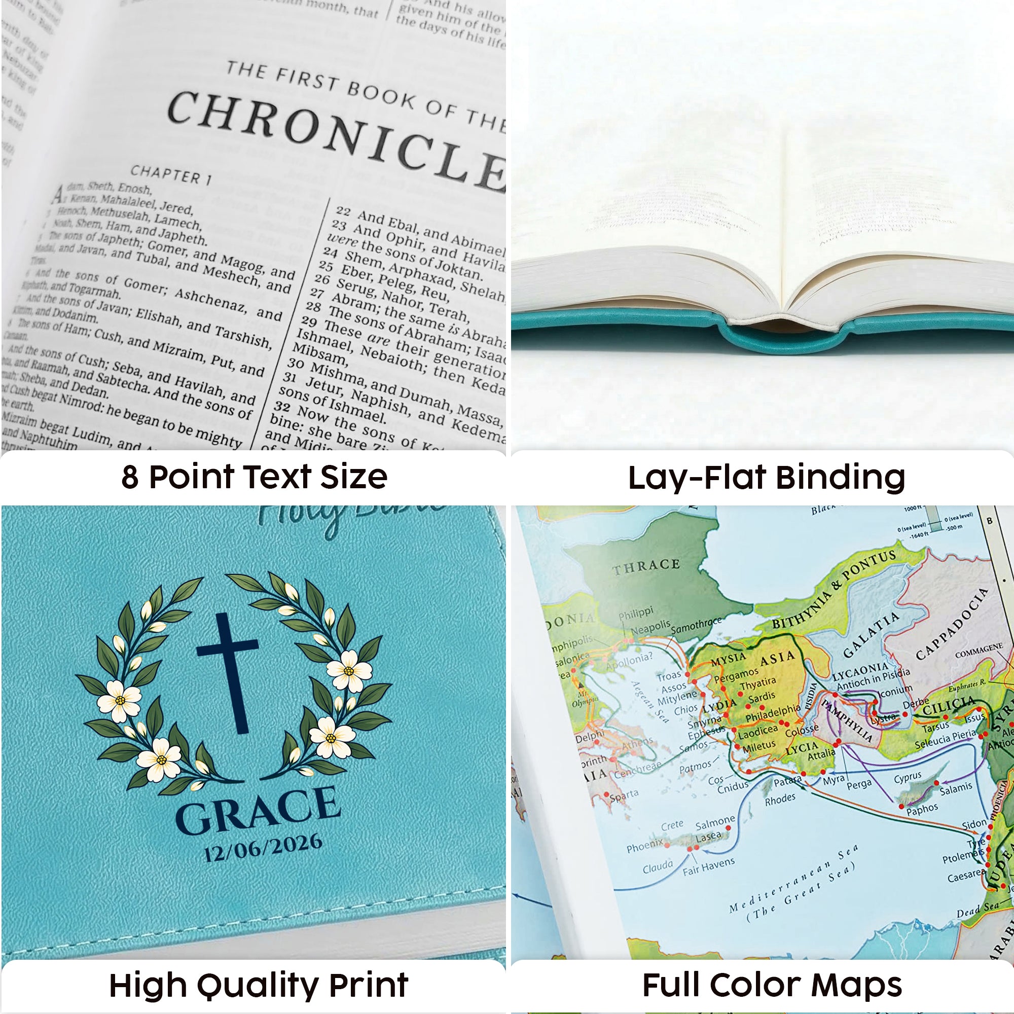Personalized KJV Bible Turquoise - Red Letter - Floral Wreath Design