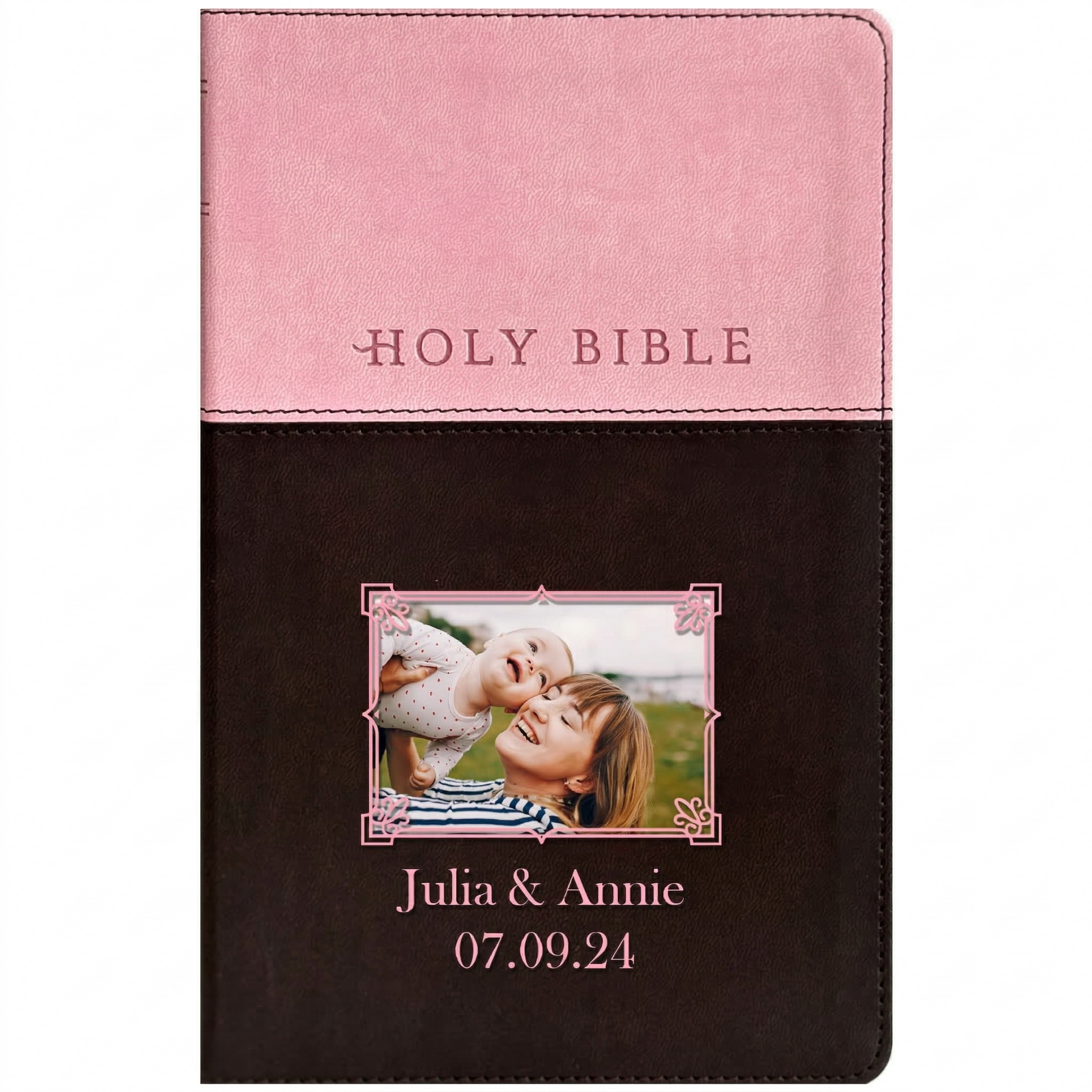Personalized NLT Bible Dark Brown/Pink Tu Tone - Photo & Text - Red Letter, Filament Enabled