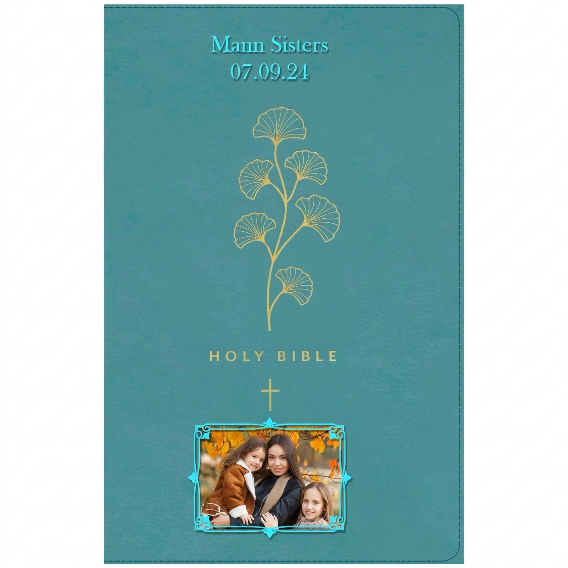 Personalized NLT Teal Cross Bible - Photo & Text - Red Letter