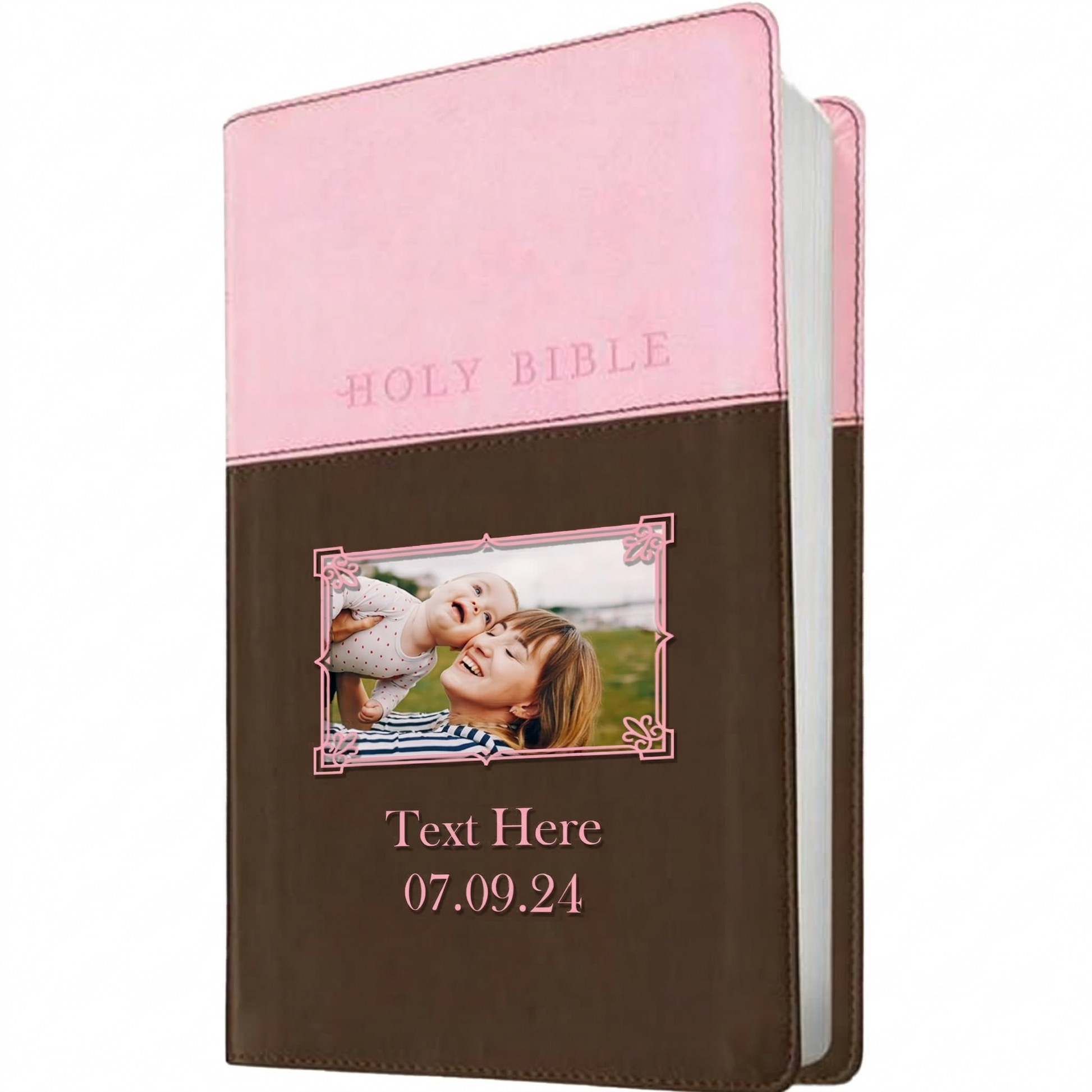 Personalized NLT Bible Dark Brown/Pink Tu Tone - Photo & Text - Red Letter, Filament Enabled