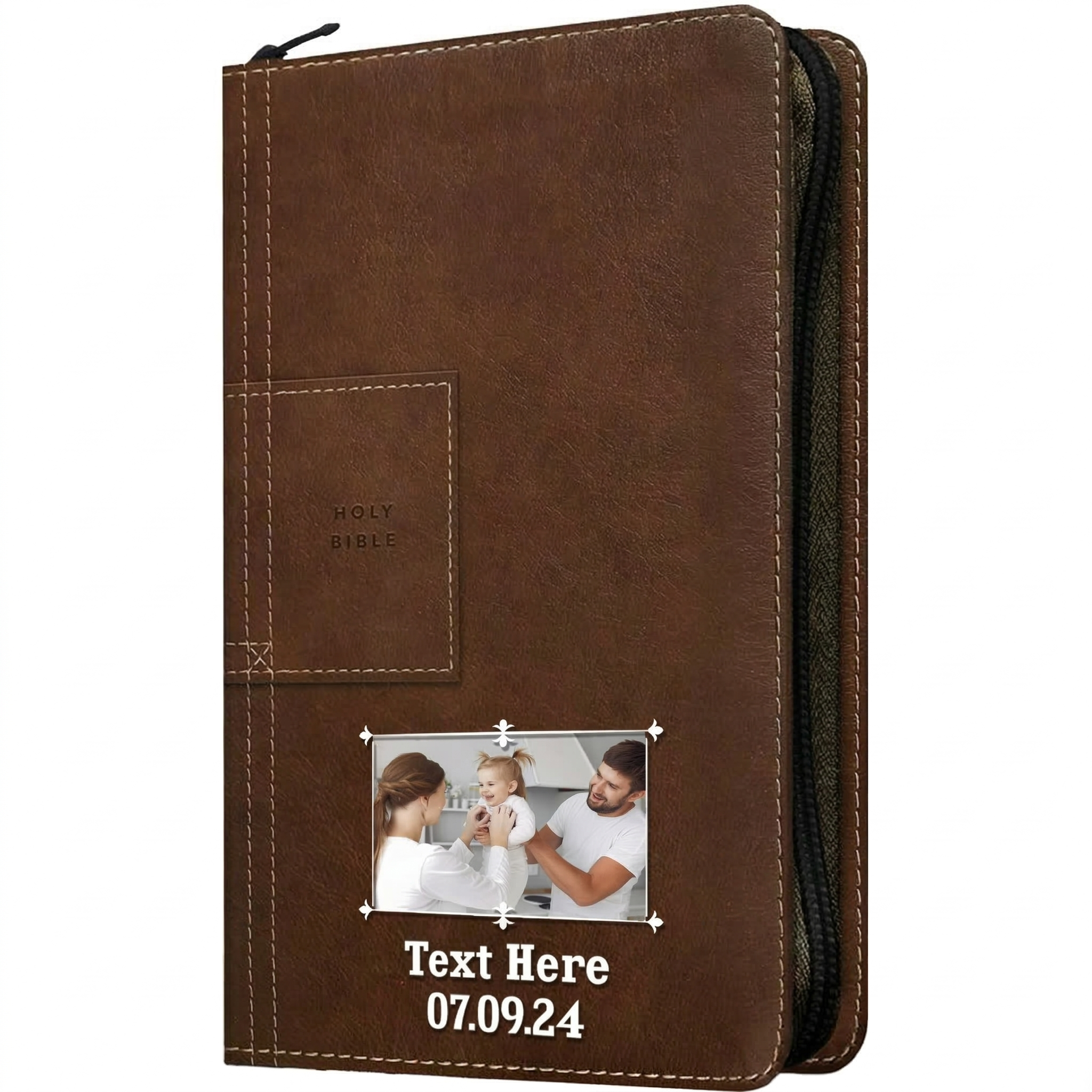 Personalized NLT Reference Zipper Bible Atlas Rustic Brown Thinline - Photo & Text - Filament Enabled, Red Letter