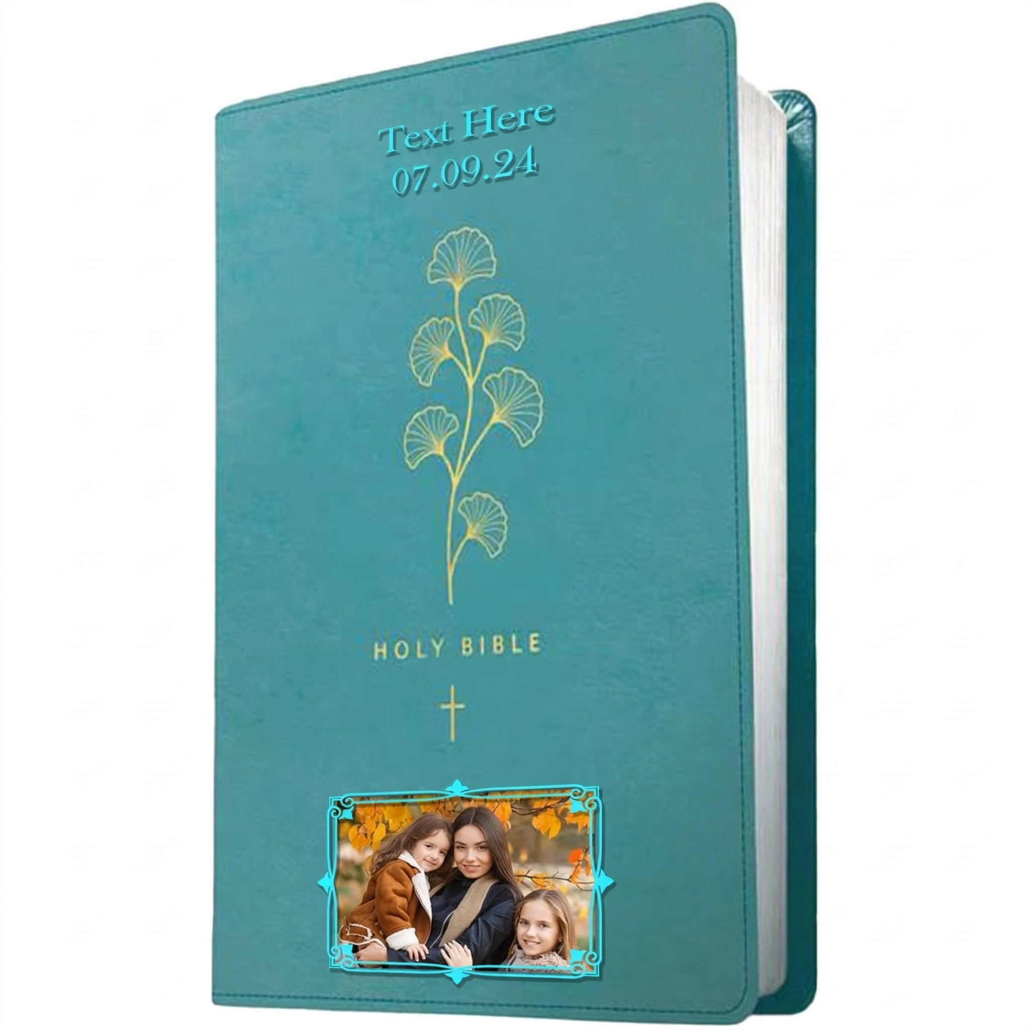 Personalized NLT Teal Cross Bible - Photo & Text - Red Letter