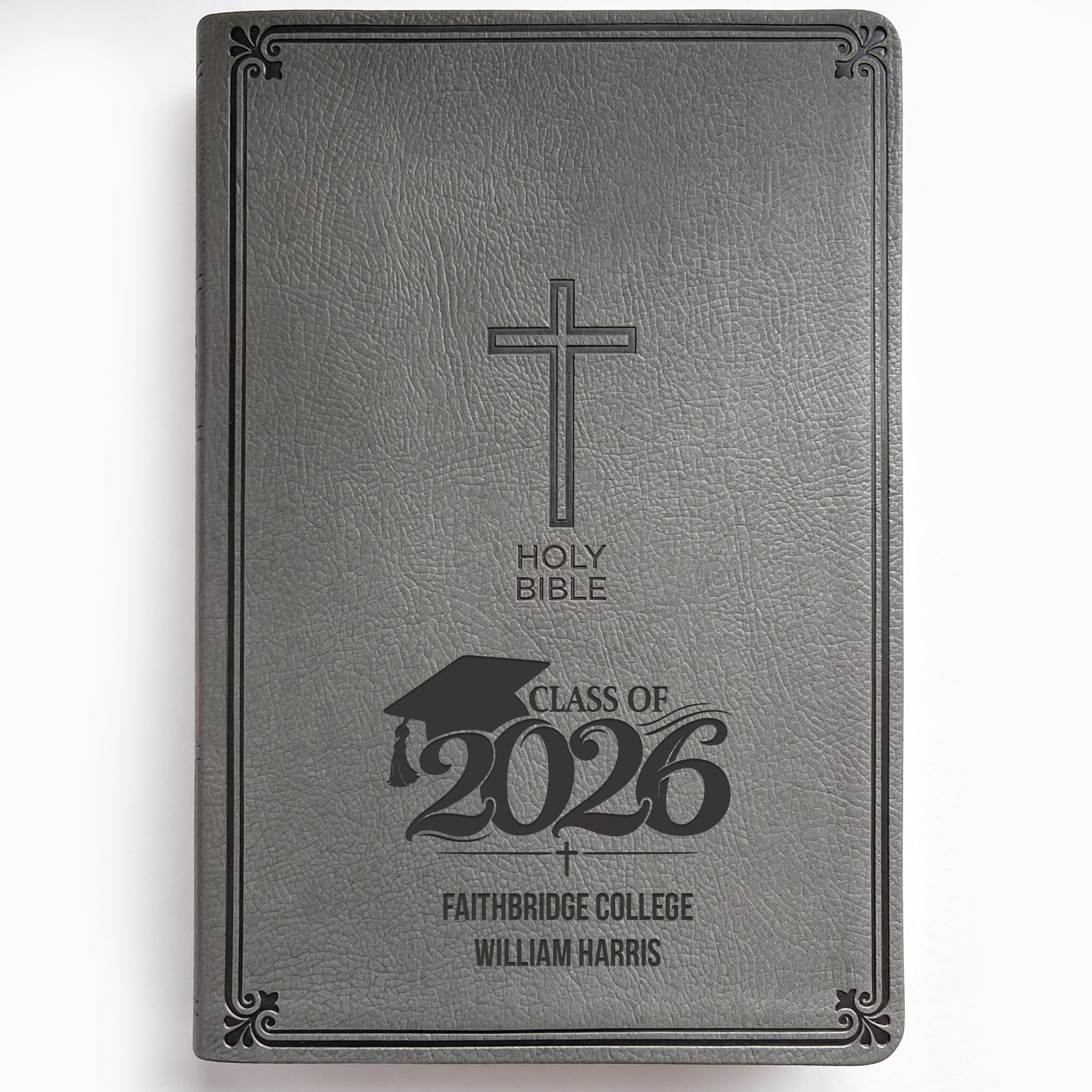 Personalized NKJV Large Print Charcoal Value Thinline Bible - Engraved Graduation Design - Red Letter