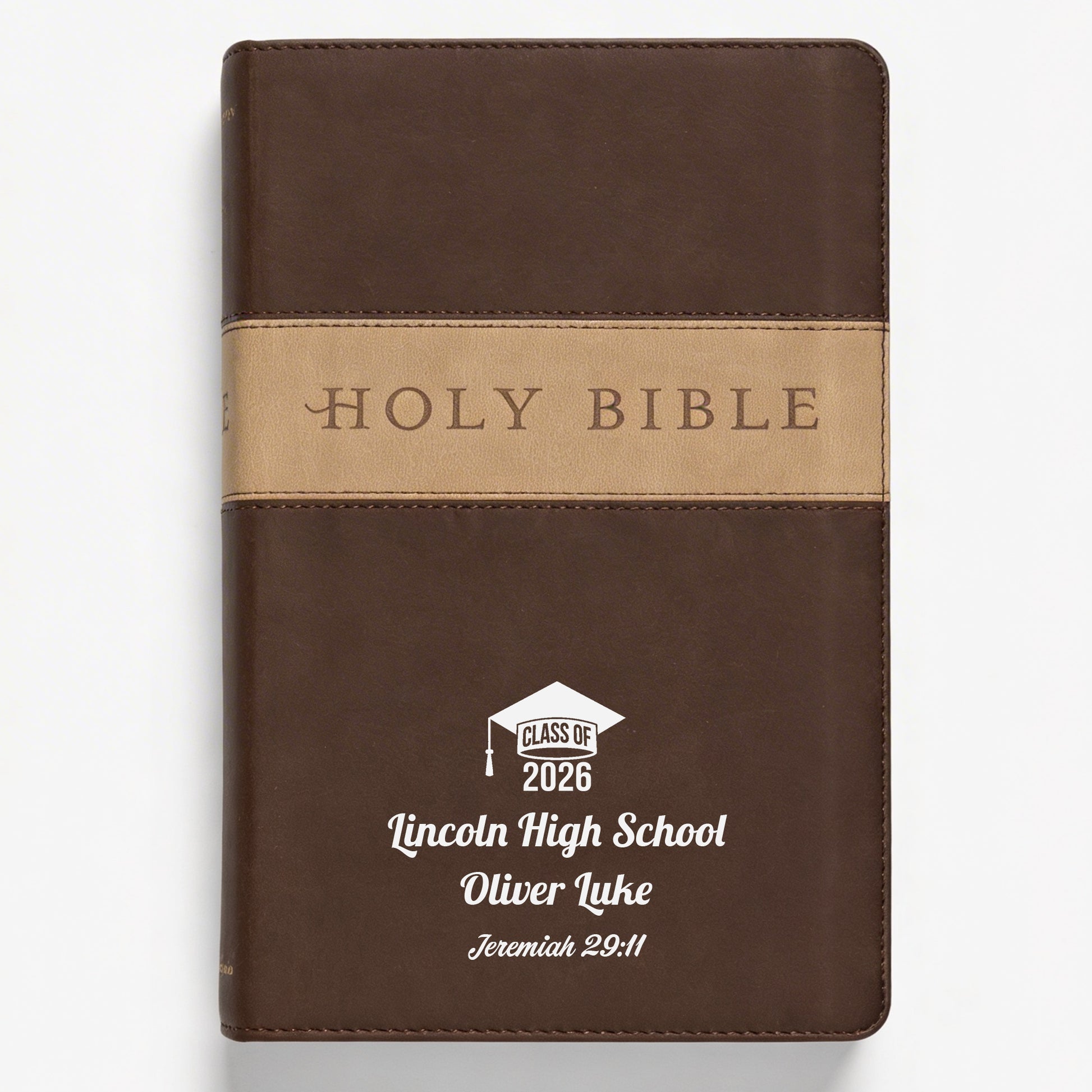 Personalized NLT Bible Dark Brown/Tan TuTone - Graduation Design - Red Letter