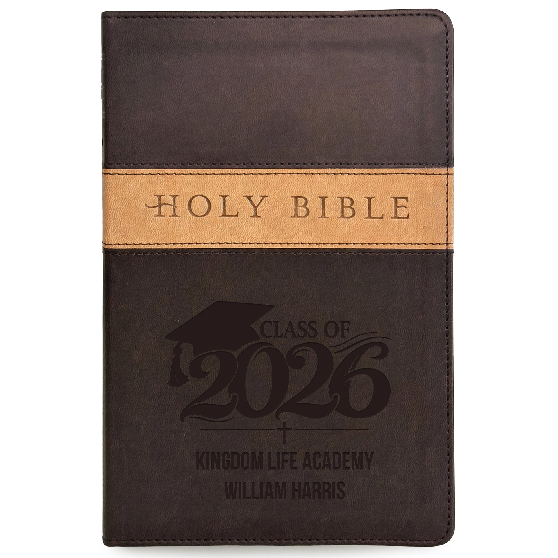Personalized NLT Bible Dark Brown/Tan TuTone - Engraved Graduation Design - Red Letter