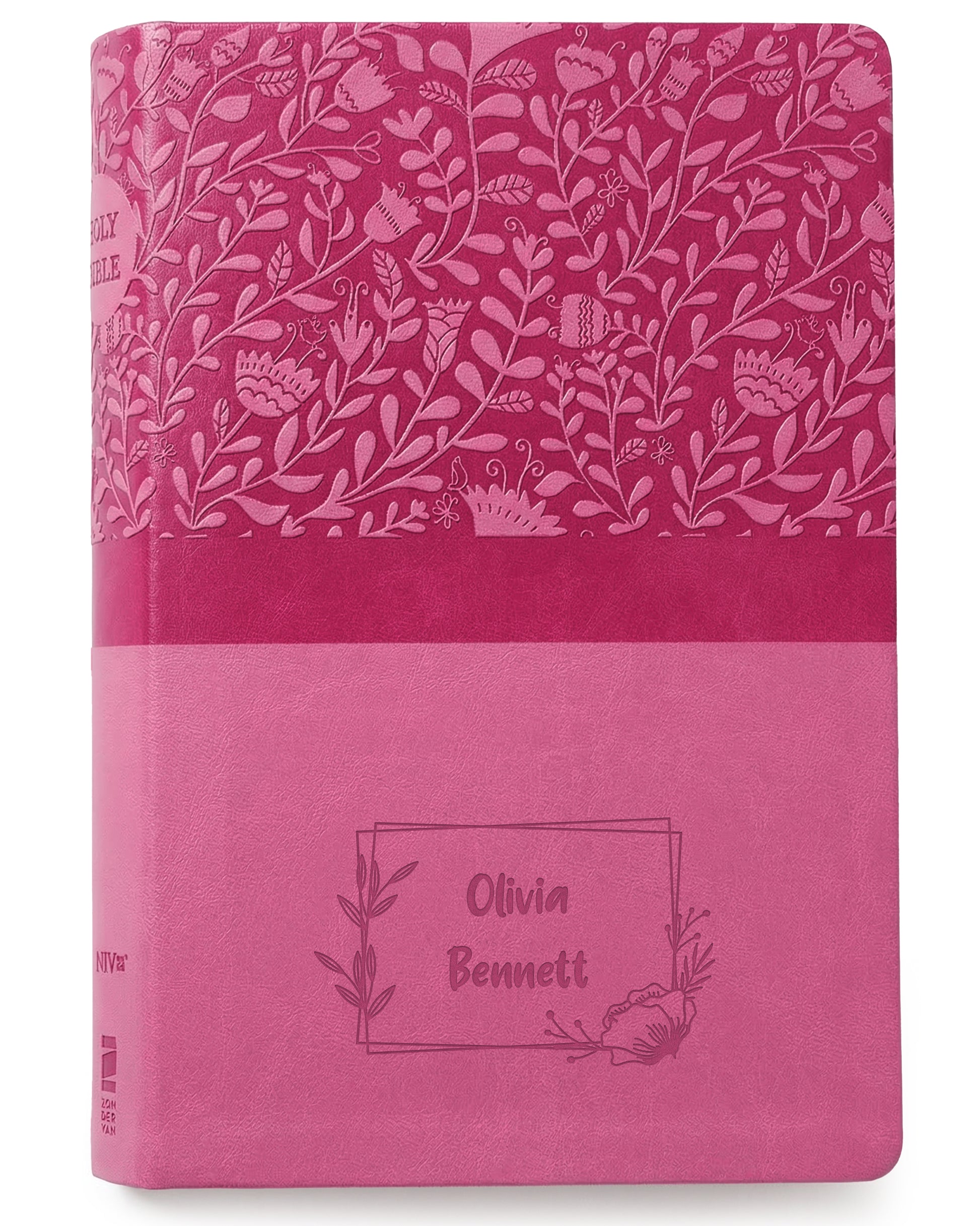 Personalized Super Giant Print NIV Reference Bible Pink - Engraved Floral Frame - Red Letter