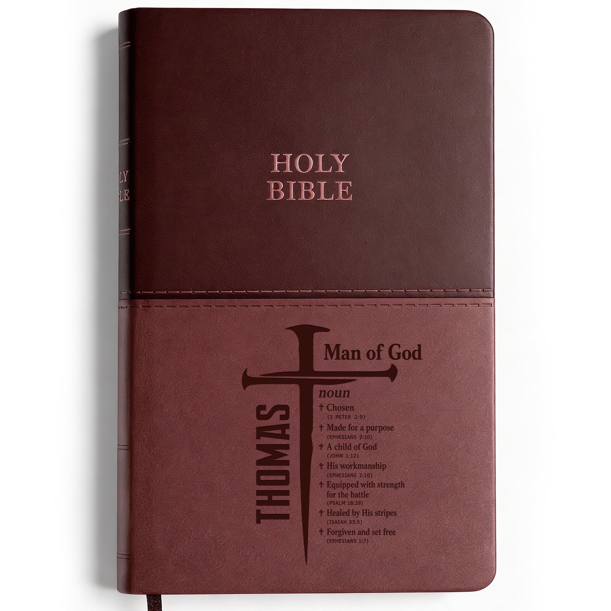 Personalized KJV Bible Brown Thinline - Man of God Cross Design - Red Letter