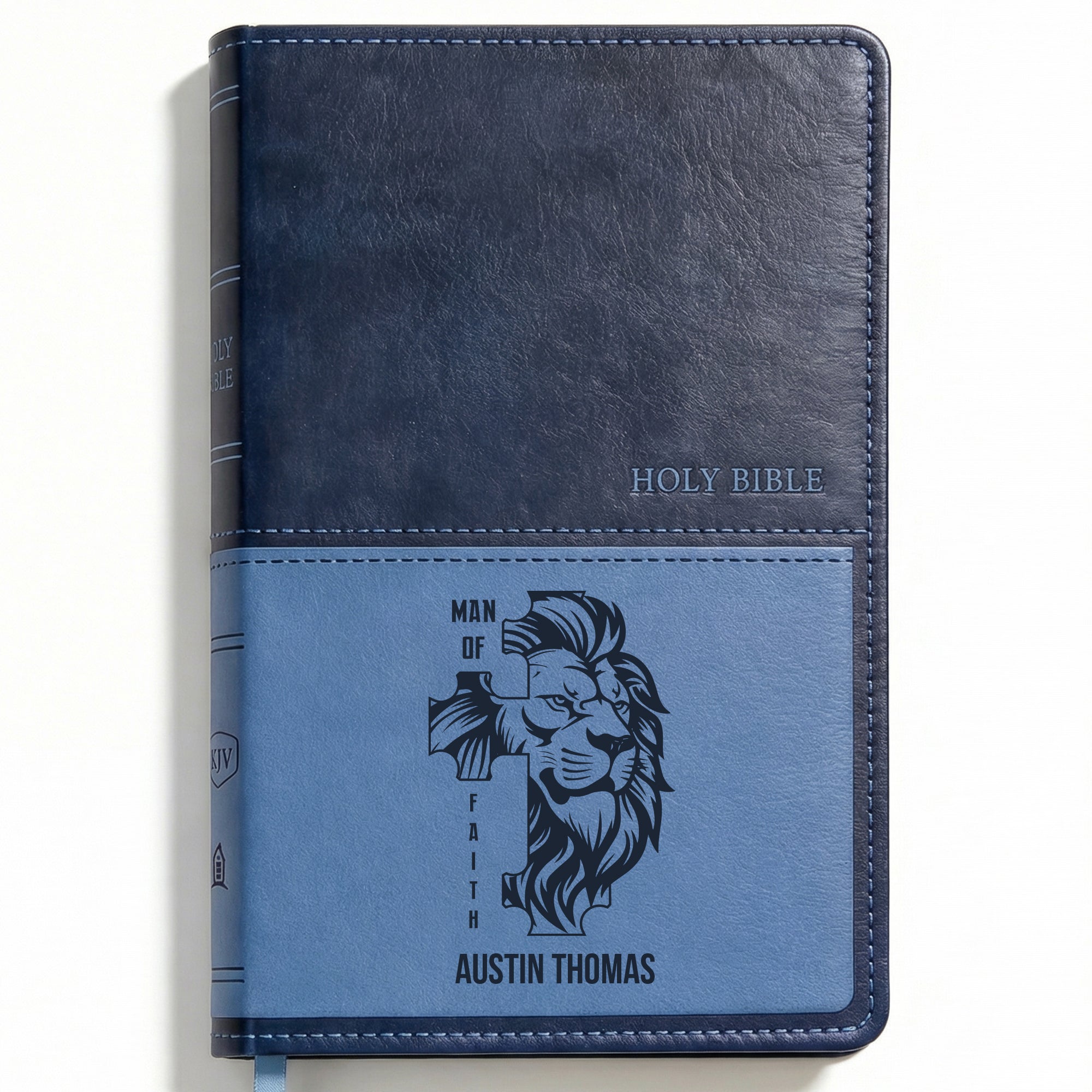 Personalized KJV Bible Navy Thinline - Lion Cross Design - Red Letter