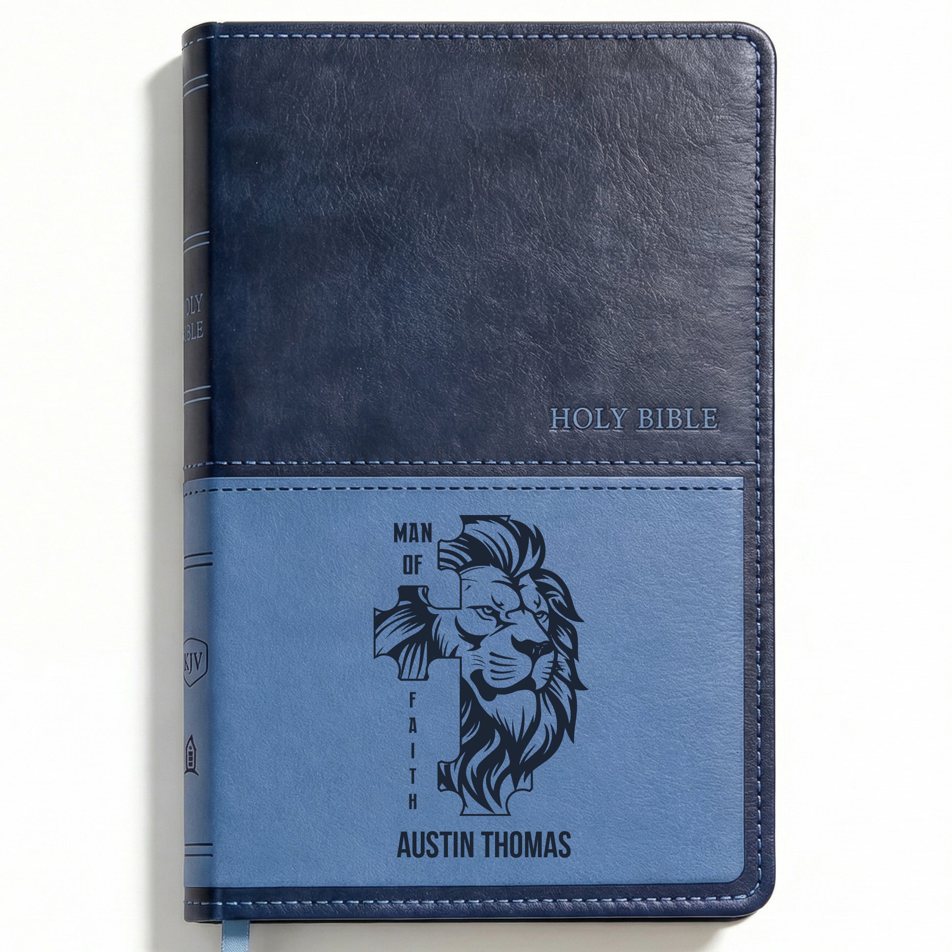 Personalized KJV Bible Navy Thinline - Lion Cross Design - Red Letter