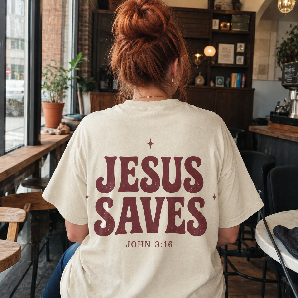Sand Color Jesus Saves Washed T-Shirt - Vintage Wash Unisex Tee, Christian Faith Graphic Tshirt